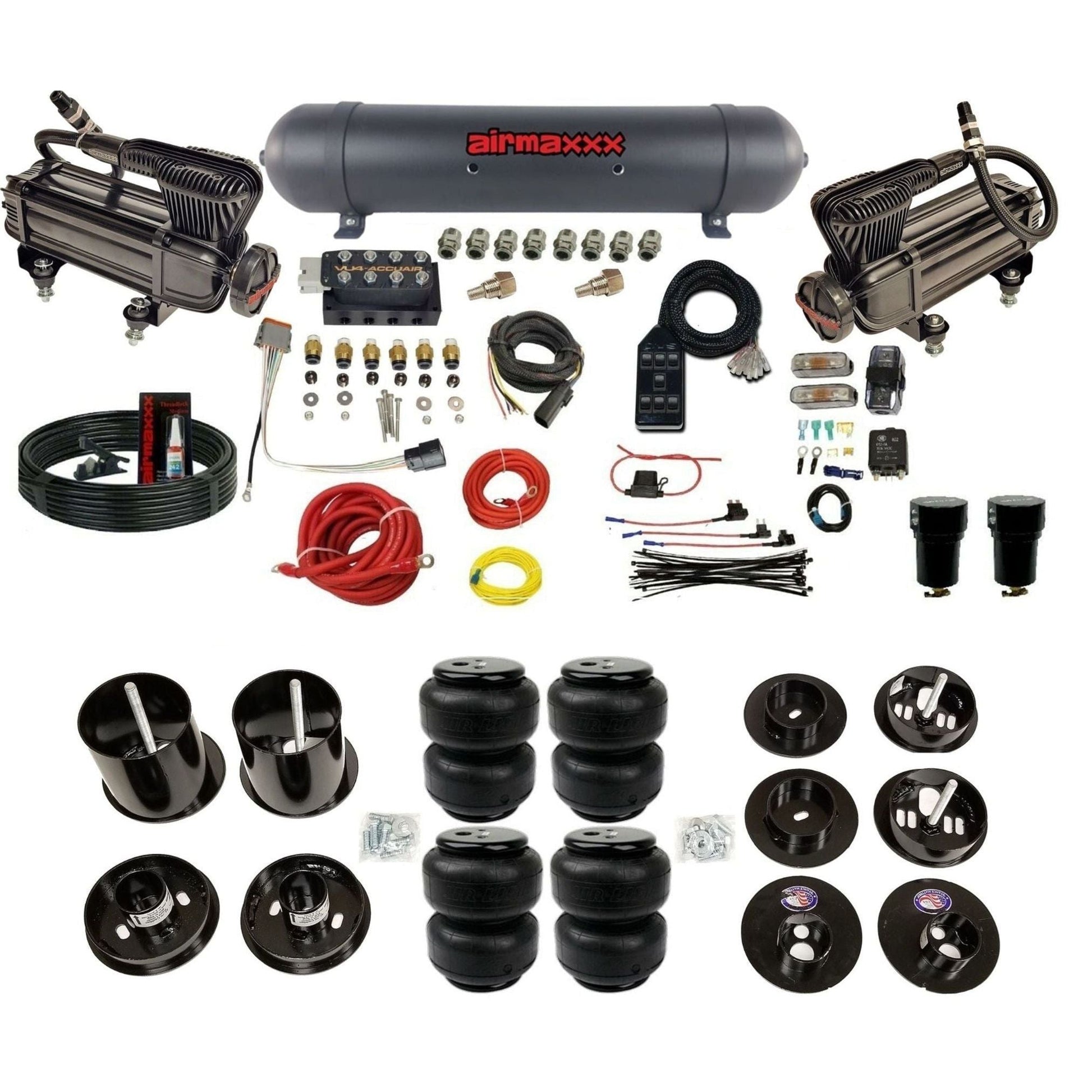 AccuAir VU4 3/8 air suspension kit dual x-series compressors aluminum tank airlift bags for 1965–70 Cadillac KCAD65-XB2-57ABK-VU4-7BK-WK-HFD25