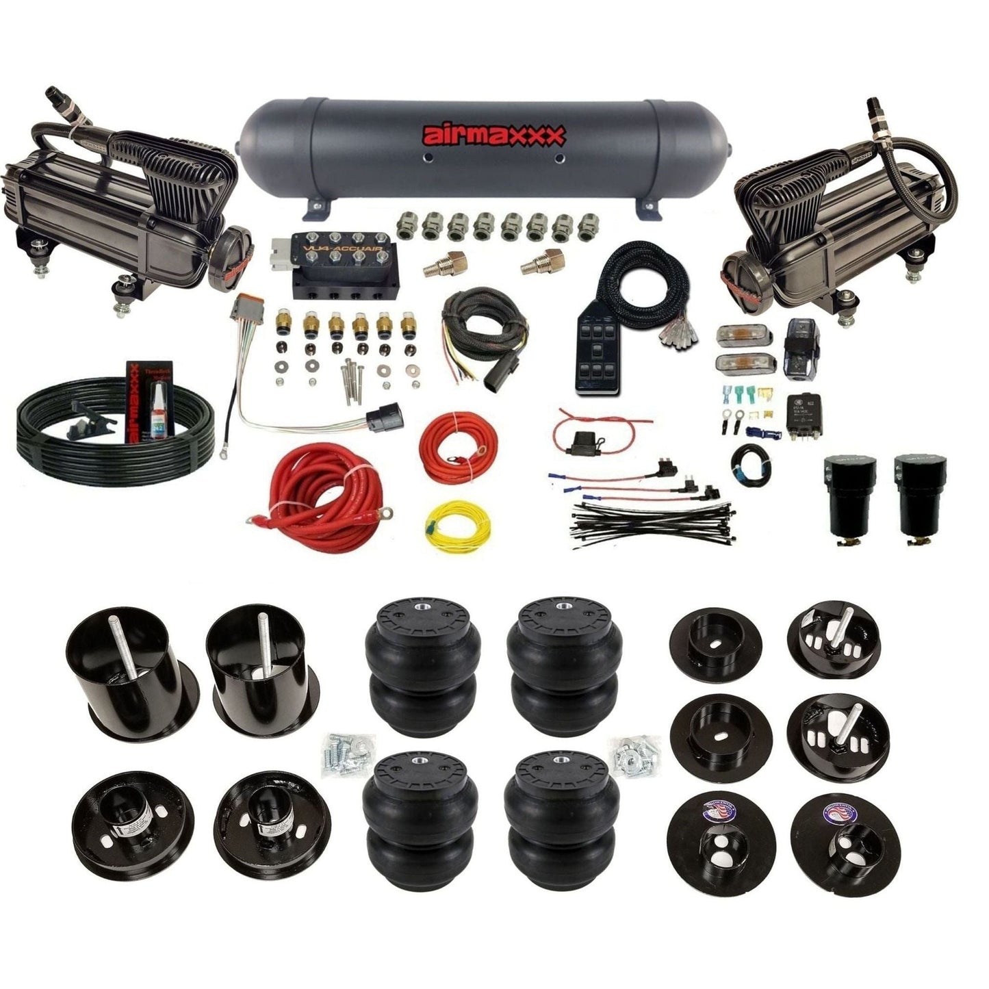 AccuAir VU4 3/8 air suspension kit dual x-series compressors aluminum tank slam bags for 1965–70 Cadillac KCAD65-XB2-57ABK-VU4-7BK-WK-HFSS7