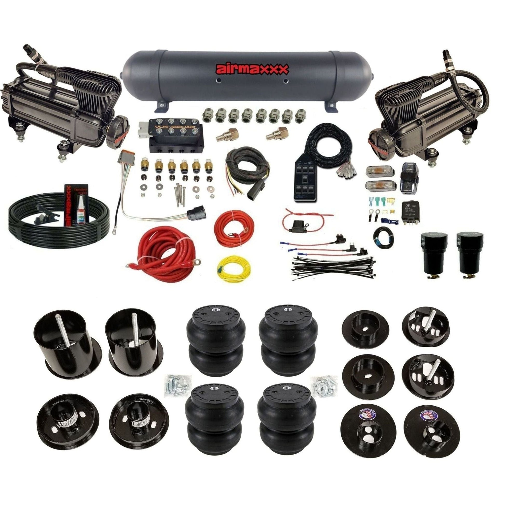 AccuAir VU4 3/8 air suspension kit dual x-series compressors aluminum tank slam bags for 1965–70 Cadillac KCAD65-XB2-57ABK-VU4-7BK-WK-HFSS7