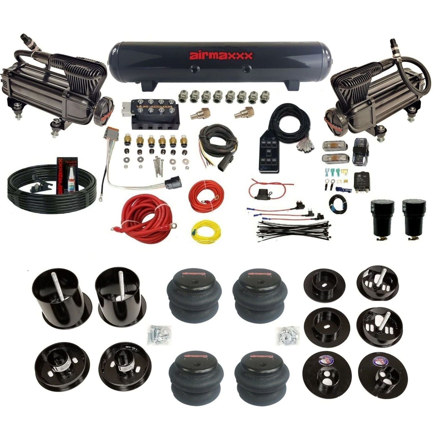 AccuAir VU4 3/8 air suspension kit dual x-series compressors steel tank 2600 bags for 1965–70 Cadillac KCAD65-XB2-57S-VU4-7BK-WK-HF