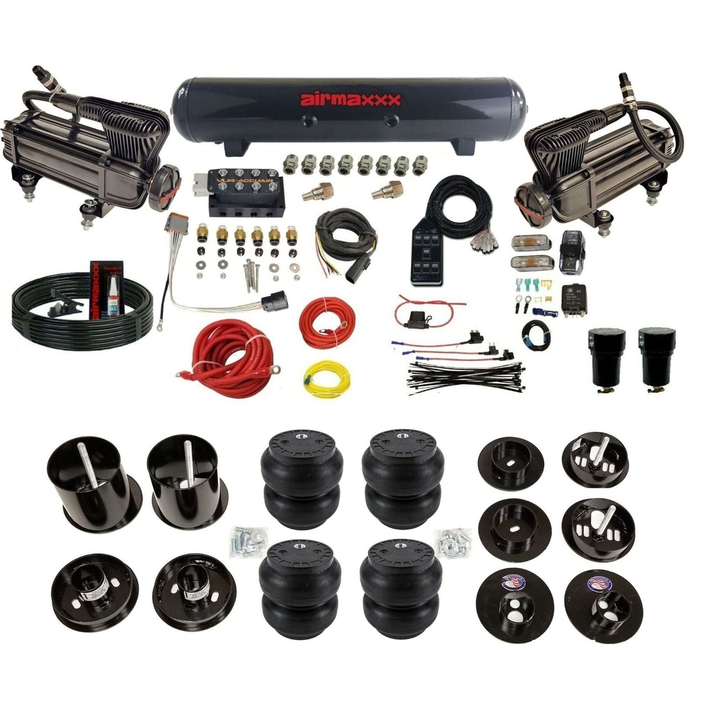 AccuAir VU4 3/8 air suspension kit dual x-series compressors steel tank slam bags for 1965–70 Cadillac KCAD65-XB2-57S-VU4-7BK-WK-HFSS7