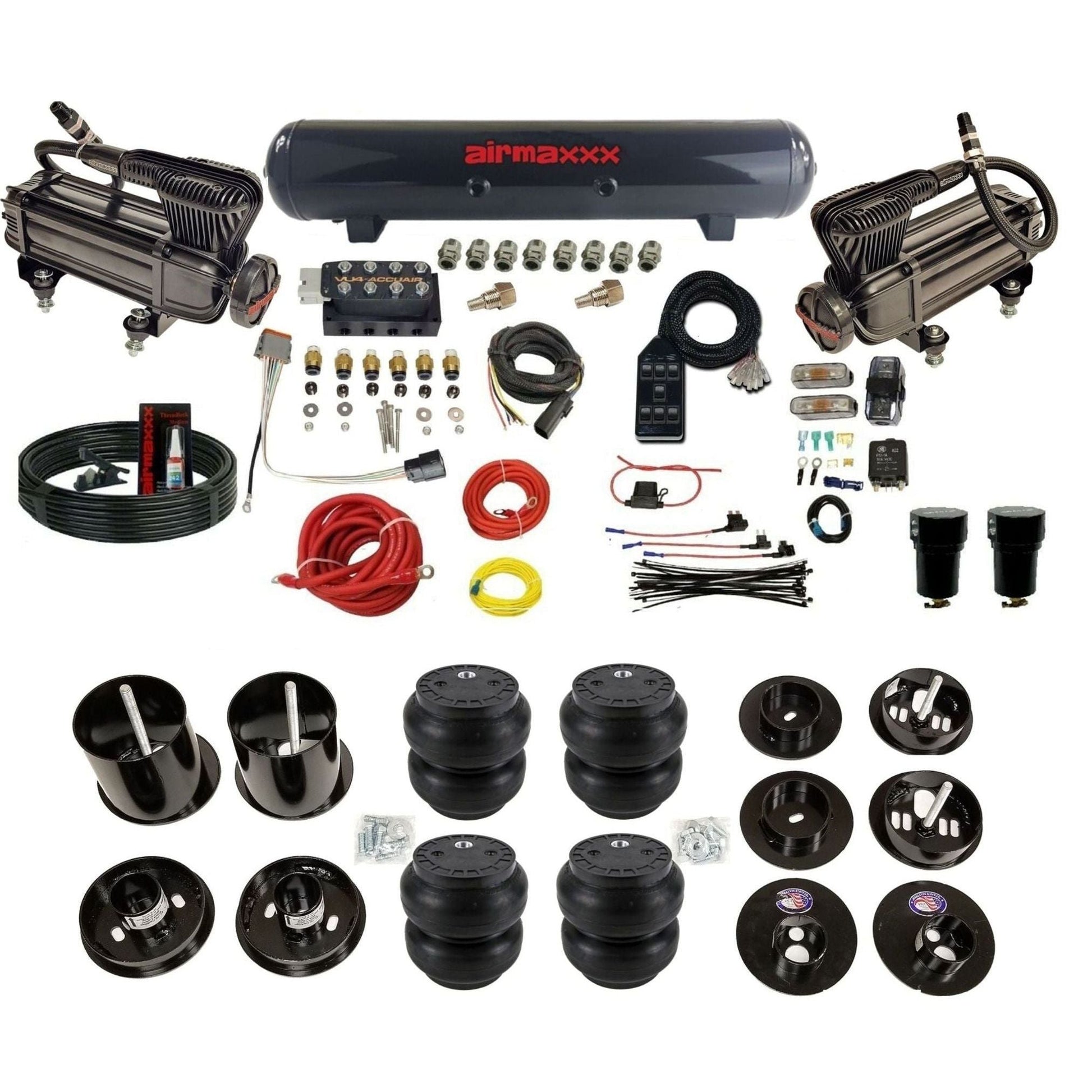 AccuAir VU4 3/8 air suspension kit dual x-series compressors steel tank slam bags for 1965–70 Cadillac KCAD65-XB2-57S-VU4-7BK-WK-HFSS7