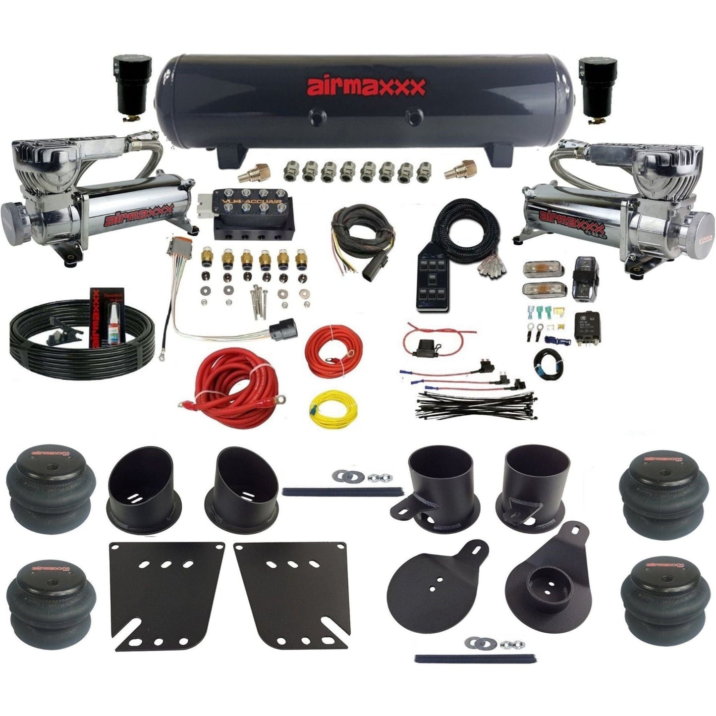 AccuAir VU4 3/8 dual 5800 chrome compressors steel tank 2600 bags air ride kit for 1958–1964 Impala KIMP58-580C2-57S-VU4-7BK-WK-HF