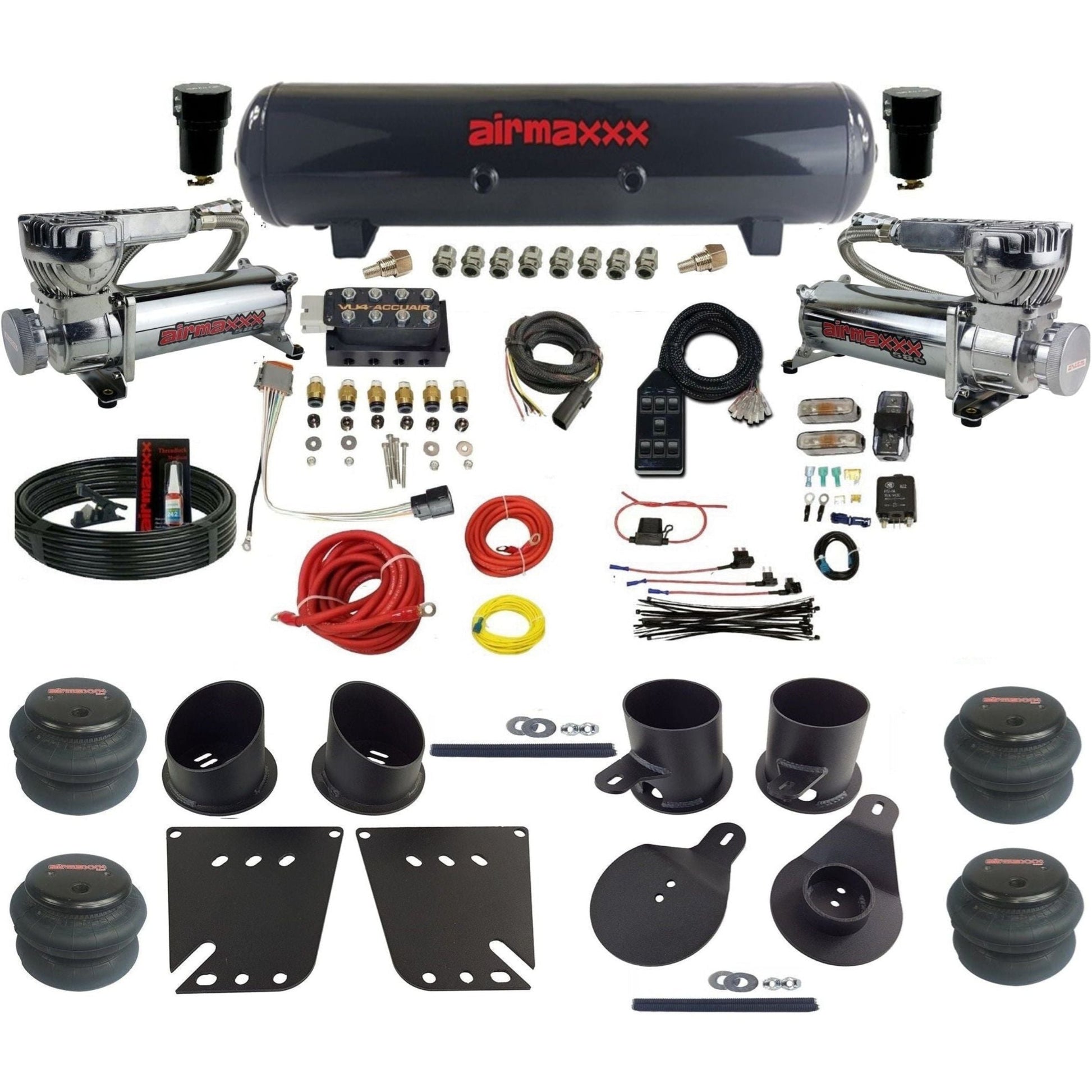 AccuAir VU4 3/8 dual 5800 chrome compressors steel tank 2600 bags air ride kit for 1958–1964 Impala KIMP58-580C2-57S-VU4-7BK-WK-HF