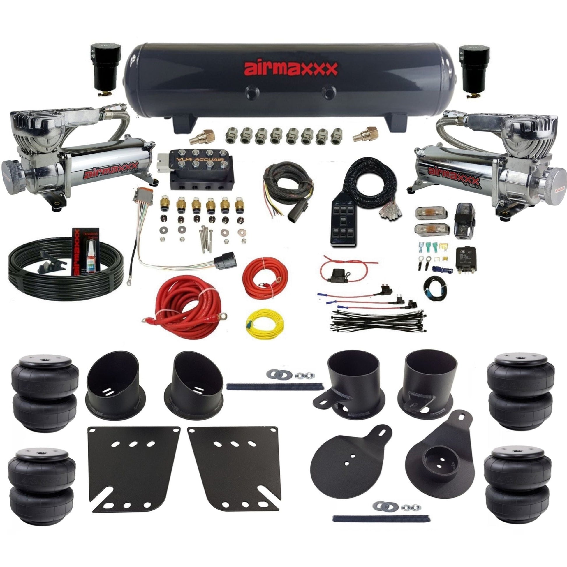 AccuAir VU4 3/8 dual 5800 chrome compressors steel tank airlift bags air ride kit for 1958–1964 Impala KIMP58-580C2-57S-VU4-7BK-WK-HFD25