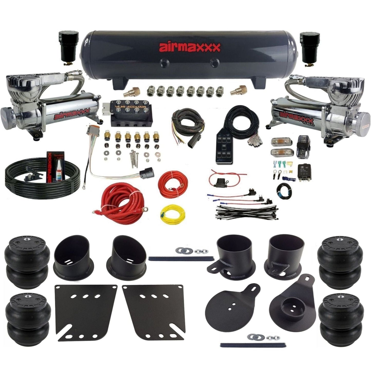 AccuAir VU4 3/8 dual 5800 chrome compressors steel tank slam bags air ride kit for 1958–1964 Impala KIMP58-580C2-57S-VU4-7BK-WK-HFSS7