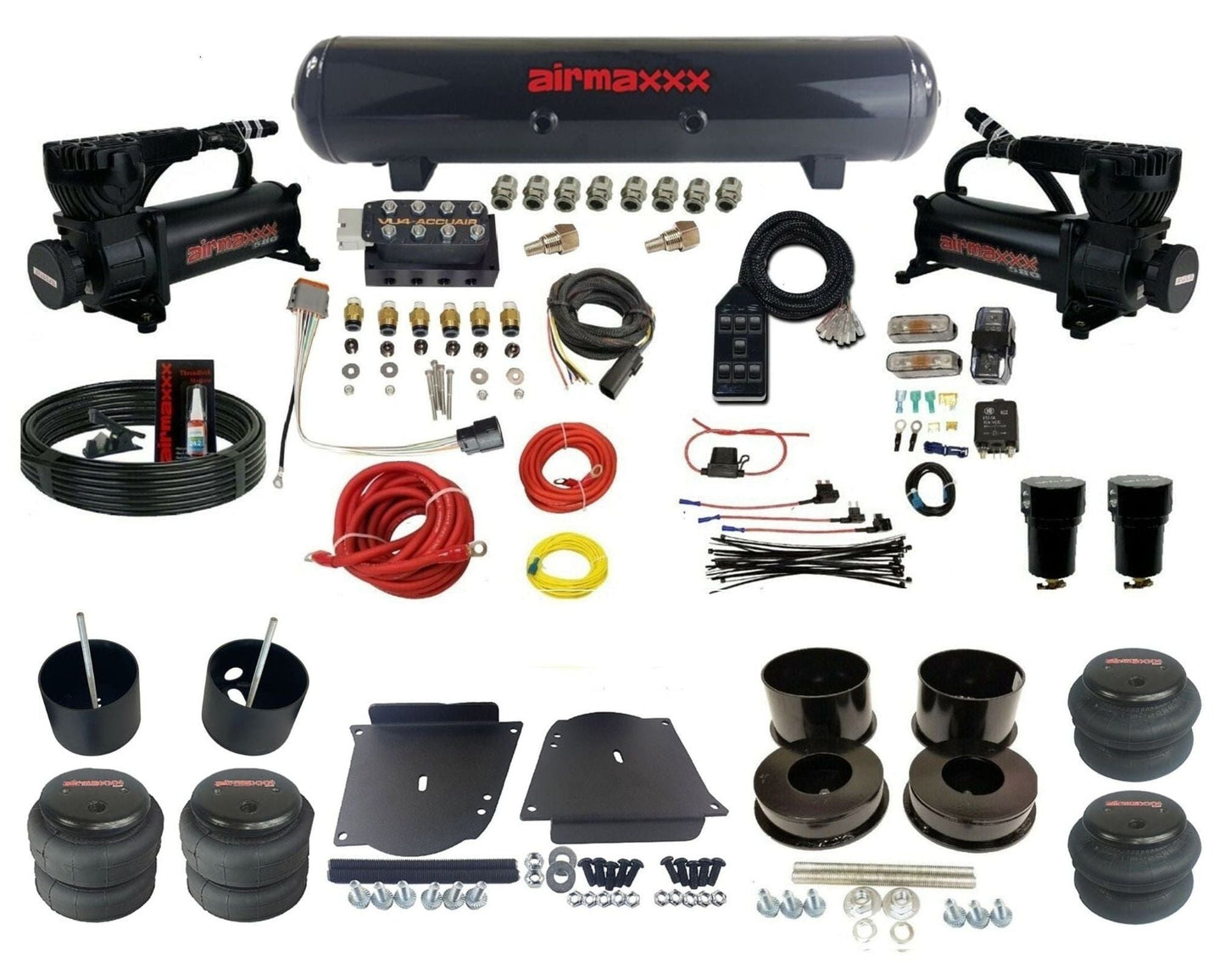 AccuAir VU4 3/8 dual 580 black compressors steel tank bags air suspension kit for 1964–1972 GM A-Body KABDY-580B2-57S-VU4-7BK-WK-HF