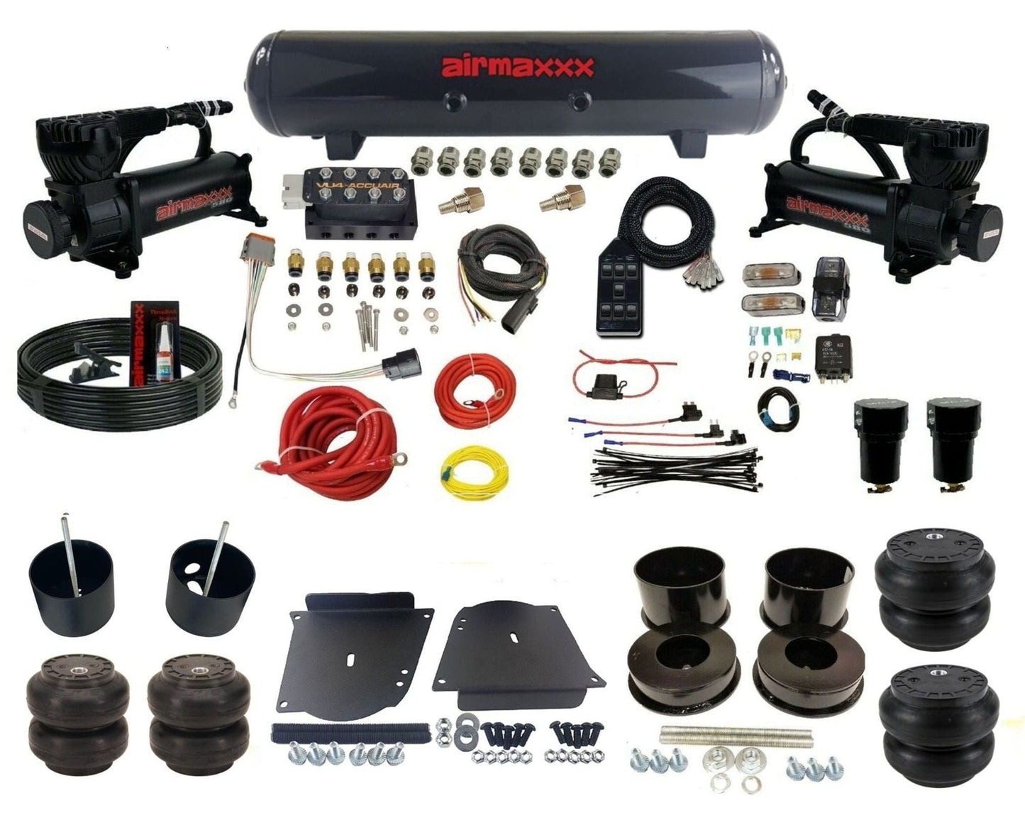 AccuAir VU4 3/8 dual 580 black compressors steel tank slam bags air suspension kit for 1964–1972 GM A-Body KABDY-580B2-57S-VU4-7BK-WK-HFSS6SS7