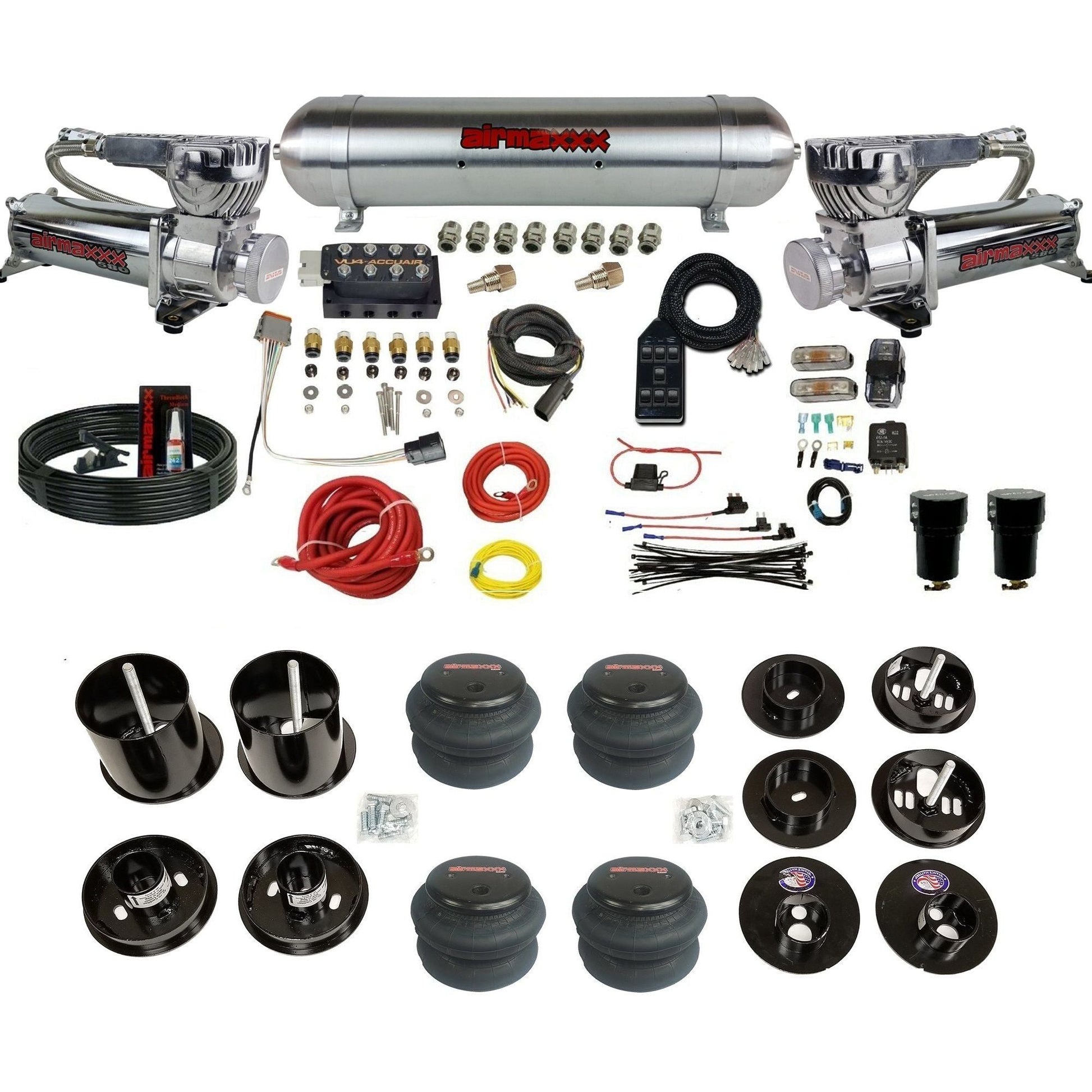AccuAir VU4 3/8 dual 580 chrome compressors aluminum tank 2600 bags air suspension kit for 1965–70 Cadillac KCAD65-580C2-57ARW-VU4-7BK-WK-HF