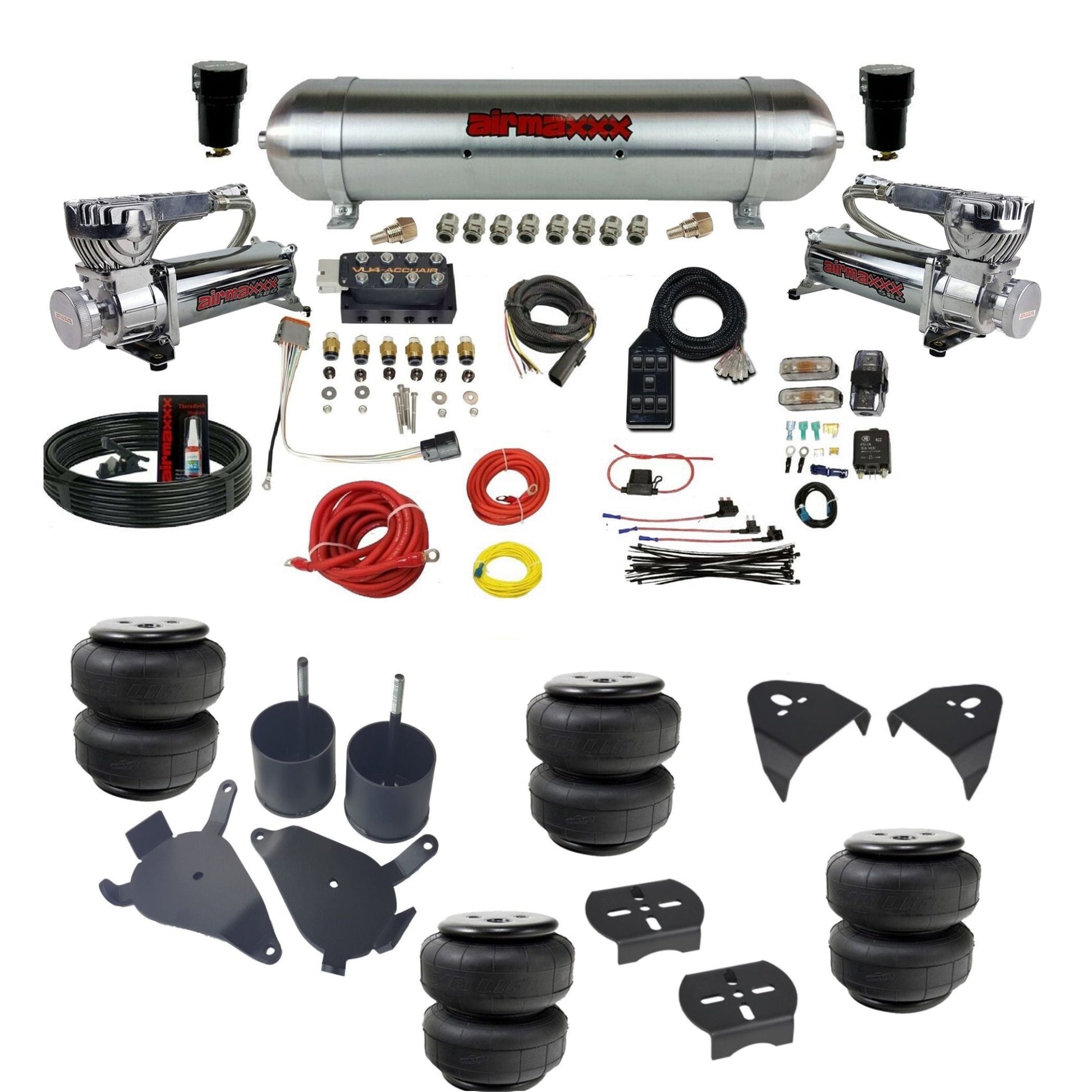 AccuAir VU4 3/8 dual 580 chrome compressors aluminum tank & airlift bags air ride kit for S10 KS10-580C2-57ARAW-VU4-7BK-WK-HFD25
