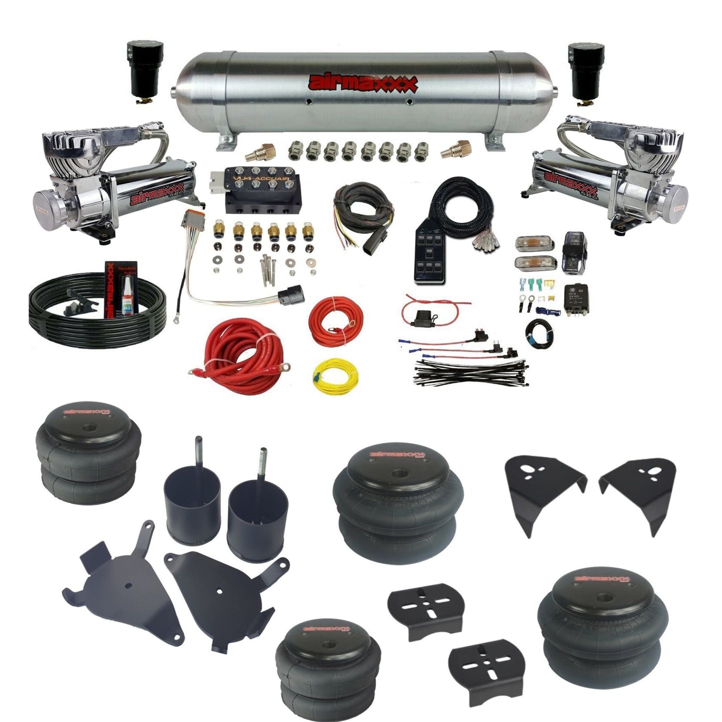 AccuAir VU4 3/8 dual 580 chrome compressors aluminum tank & bags air ride kit for S10 KS10-580C2-57ARAW-VU4-7BK-WK-HF
