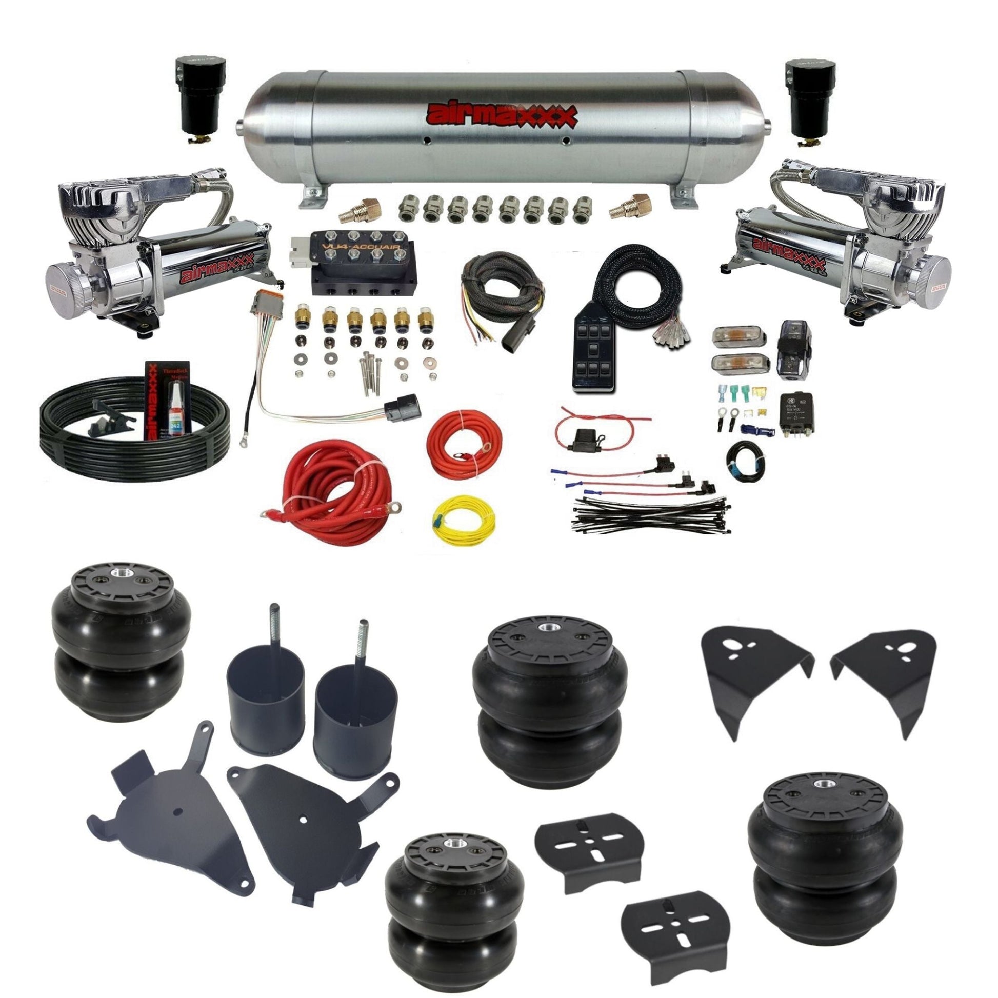 AccuAir VU4 3/8 dual 580 chrome compressors aluminum tank & slam bags air ride kit for S10 KS10-580C2-57ARAW-VU4-7BK-WK-HFSS6SS7