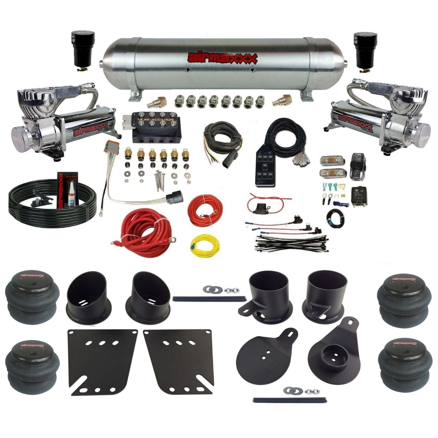 AccuAir VU4 3/8 dual 580 chrome compressors raw aluminum tank 2600 bags air ride kit for 1958–1964 Impala KIMP58-580C2-57ARAW-VU4-7BK-WK-HF