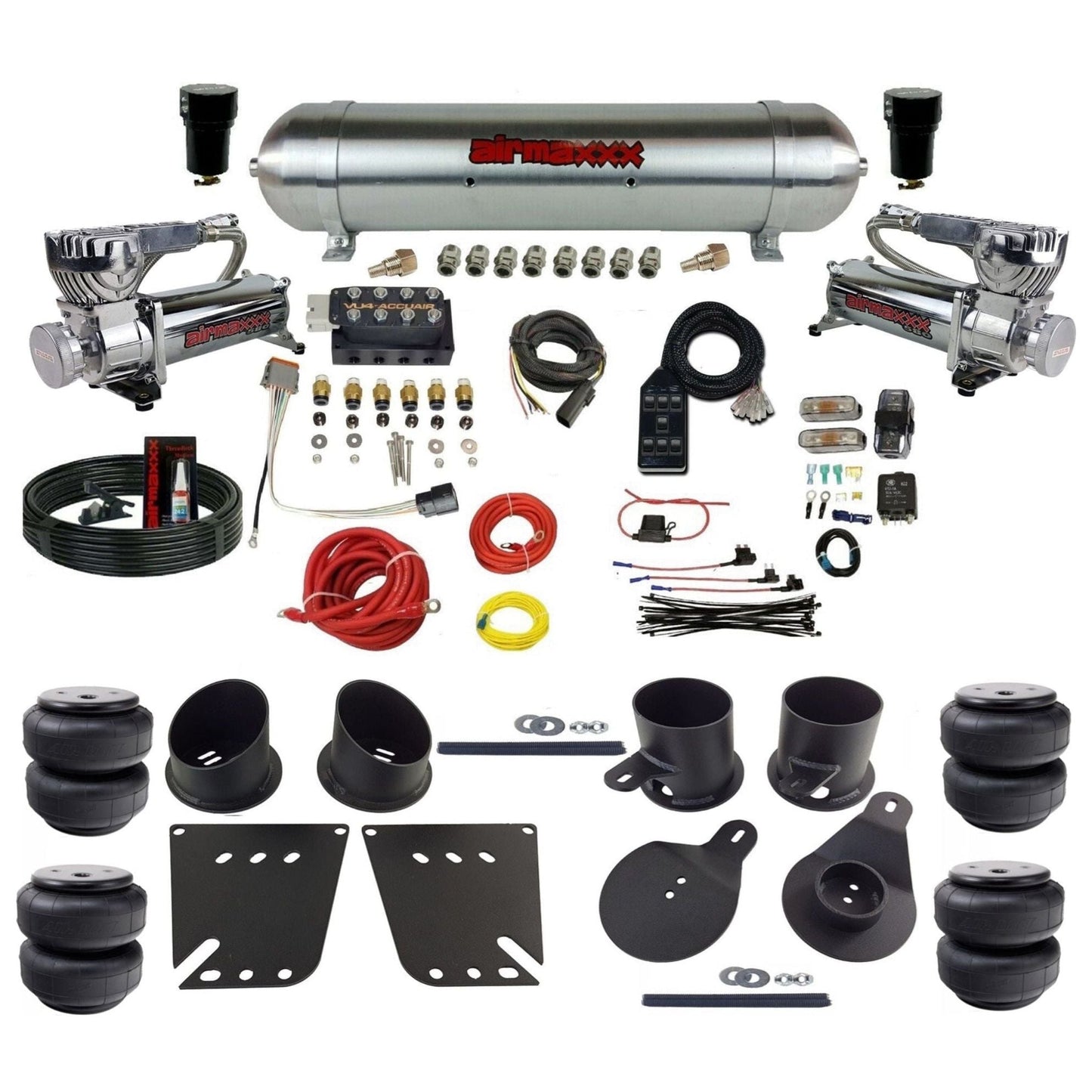 AccuAir VU4 3/8 dual 580 chrome compressors raw aluminum tank airlift bags air ride kit for 1958–1964 Impala KIMP58-580C2-57ARAW-VU4-7BK-WK-HFD25