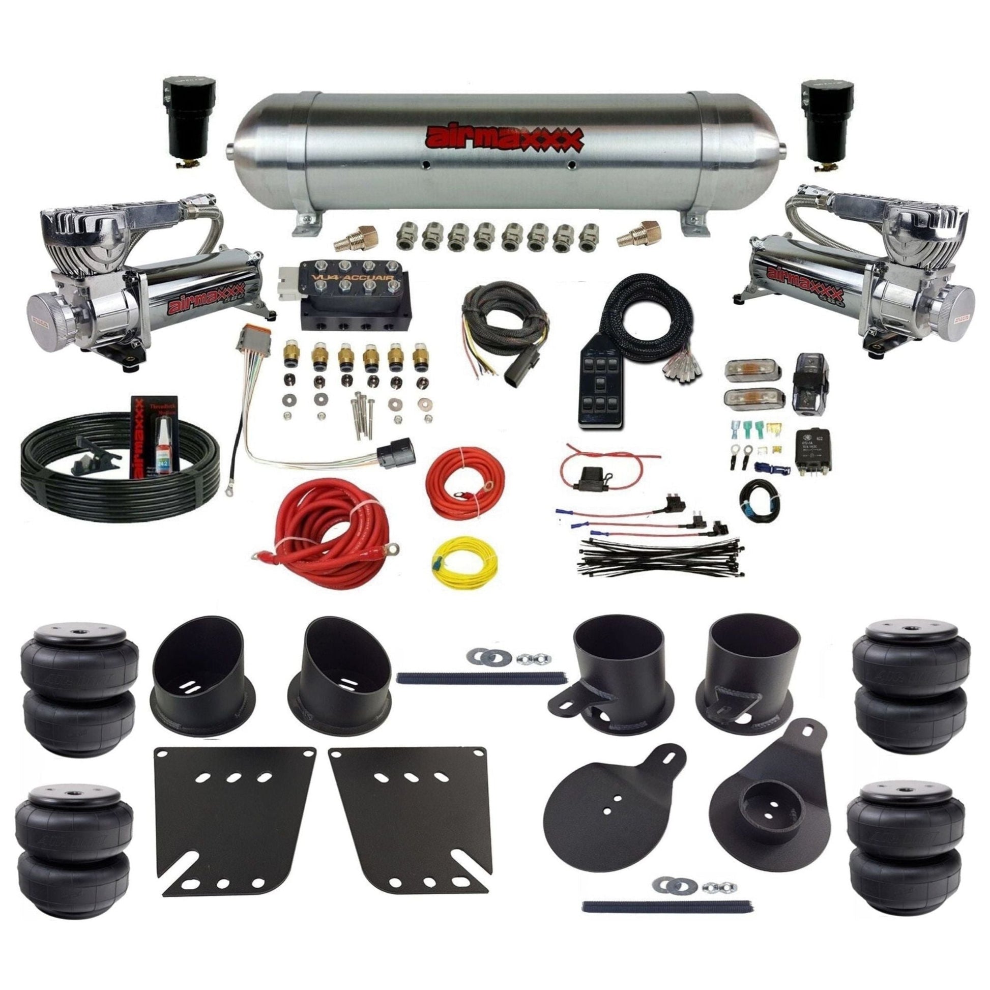 AccuAir VU4 3/8 dual 580 chrome compressors raw aluminum tank airlift bags air ride kit for 1958–1964 Impala KIMP58-580C2-57ARAW-VU4-7BK-WK-HFD25