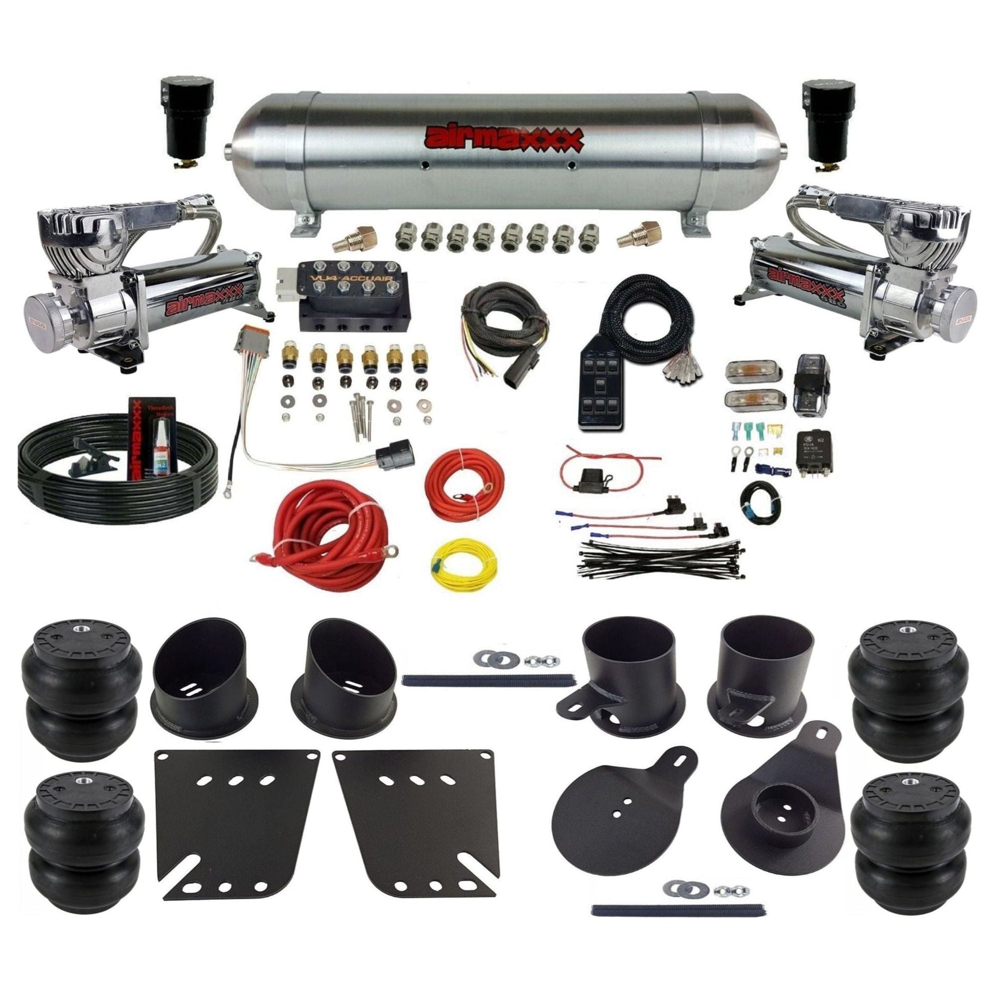 AccuAir VU4 3/8 dual 580 chrome compressors raw aluminum tank slam bags air ride kit for 1958–1964 Impala KIMP58-580C2-57ARAW-VU4-7BK-WK-HFSS7