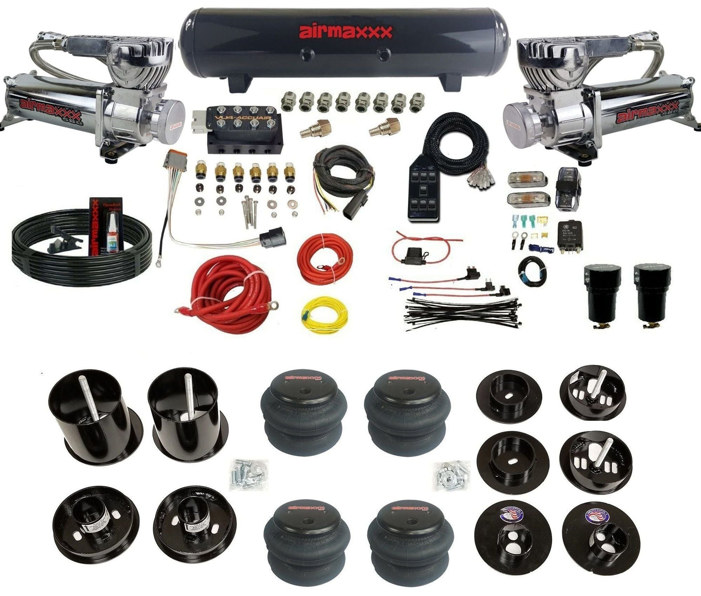 AccuAir VU4 3/8 dual 580 chrome compressors steel tank 2600 bags air suspension kit for 1965–70 Cadillac KCAD65-580C2-57S-VU4-7BK-WK-HF