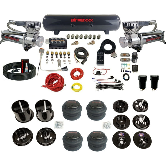 AccuAir VU4 3/8 dual 580 chrome compressors steel tank 2600 bags air suspension kit for 1965–70 Cadillac KCAD65-580C2-57S-VU4-7BK-WK-HF