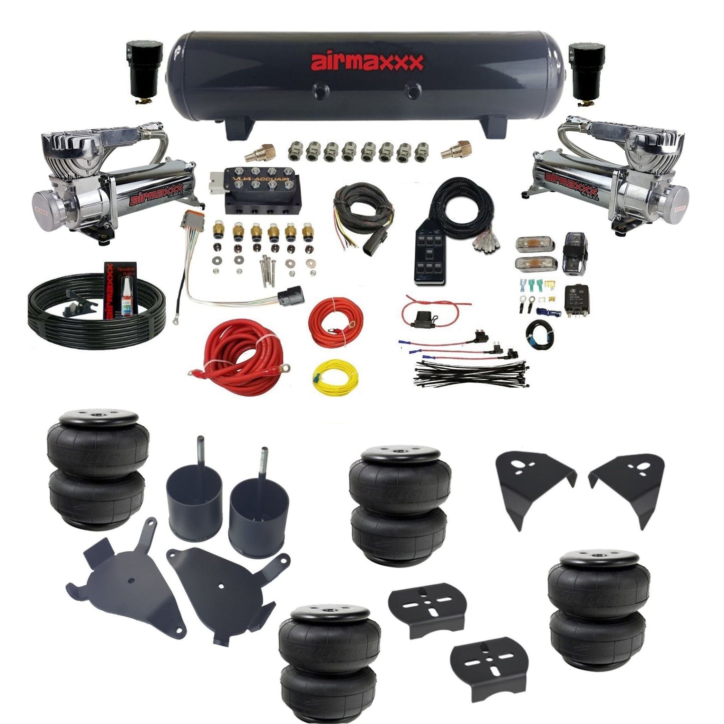 AccuAir VU4 3/8 dual 580 chrome compressors steel tank & airlift bags air ride kit for S10 KS10-580C2-57S-VU4-7BK-WK-HFD25