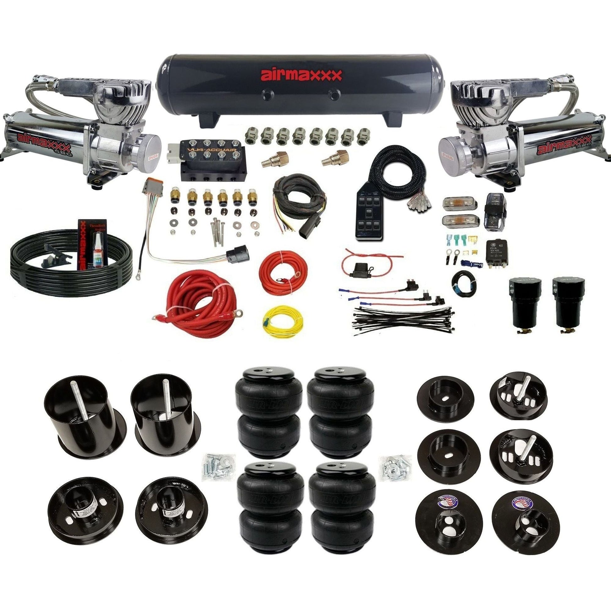 AccuAir VU4 3/8 dual 580 chrome compressors steel tank airlift bags air suspension kit for 1965–70 Cadillac KCAD65-580C2-57S-VU4-7BK-WK-HFD25