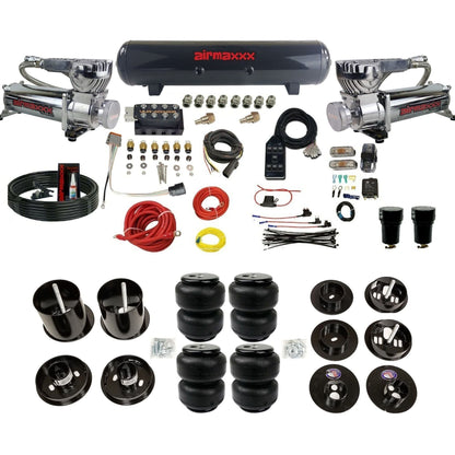 AccuAir VU4 3/8 dual 580 chrome compressors steel tank airlift bags air suspension kit for 1965–70 Cadillac KCAD65-580C2-57S-VU4-7BK-WK-HFD25