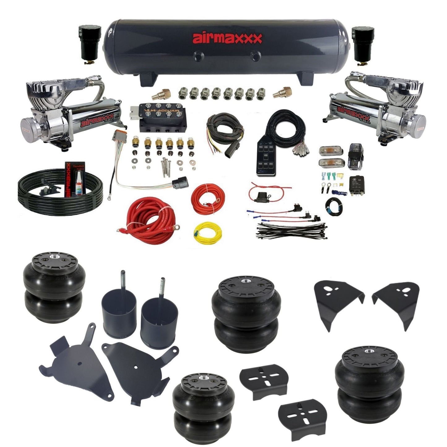 AccuAir VU4 3/8 dual 580 chrome compressors steel tank & slam bags air ride kit for S10 KS10-580C2-57S-VU4-7BK-WK-HFSS6SS7