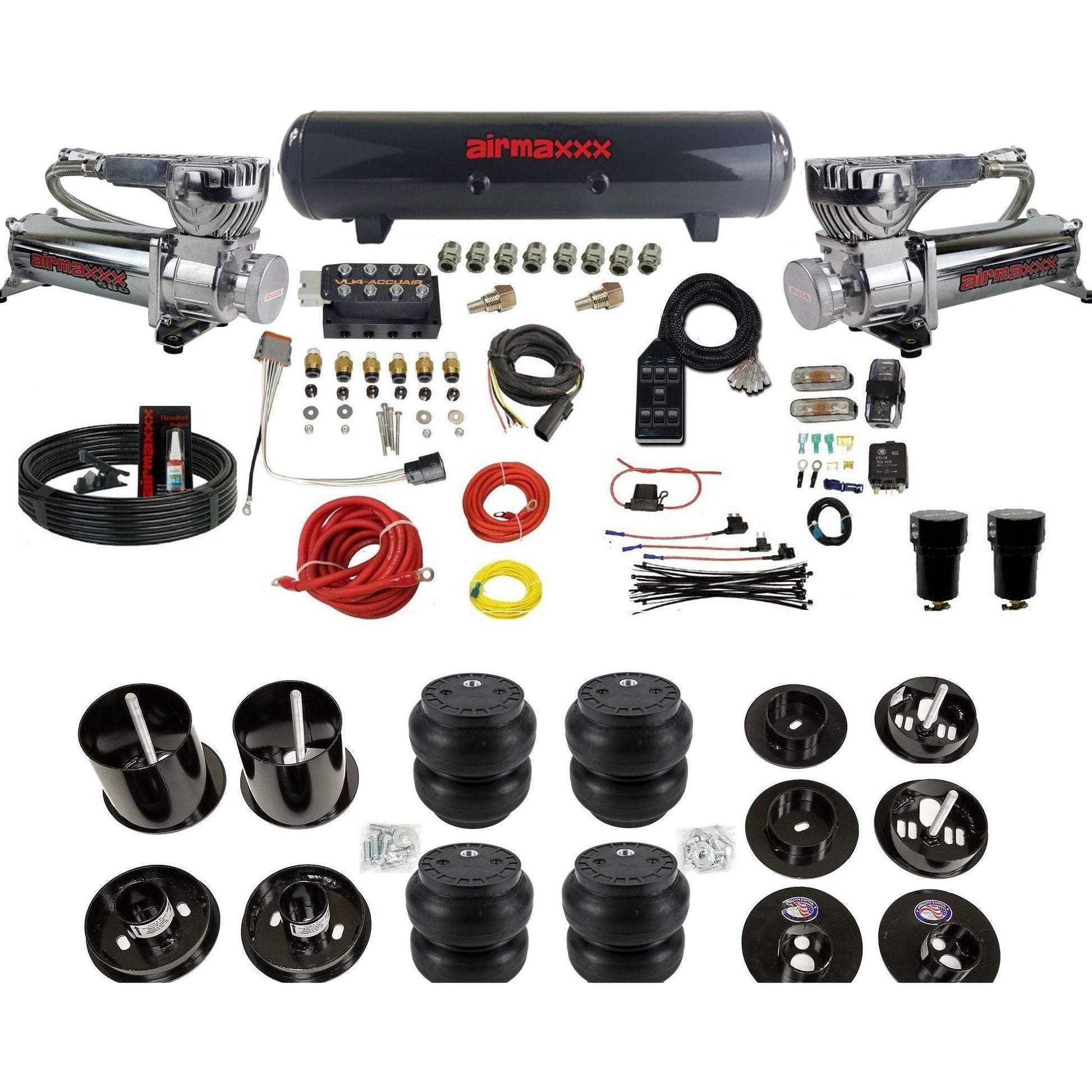 AccuAir VU4 3/8 dual 580 chrome compressors steel tank slam bags air suspension kit for 1965–70 Cadillac KCAD65-580C2-57S-VU4-7BK-WK-HFSS7