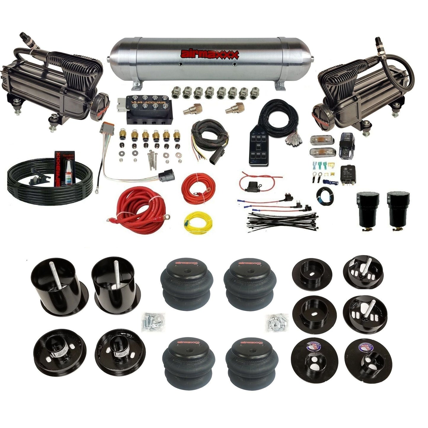 AccuAir VU4 3/8 dual x-series compressors aluminum tank 2600 bags air suspension kit for 1965–70 Cadillac KCAD65-XB2-57ARW-VU4-7BK-WK-HF