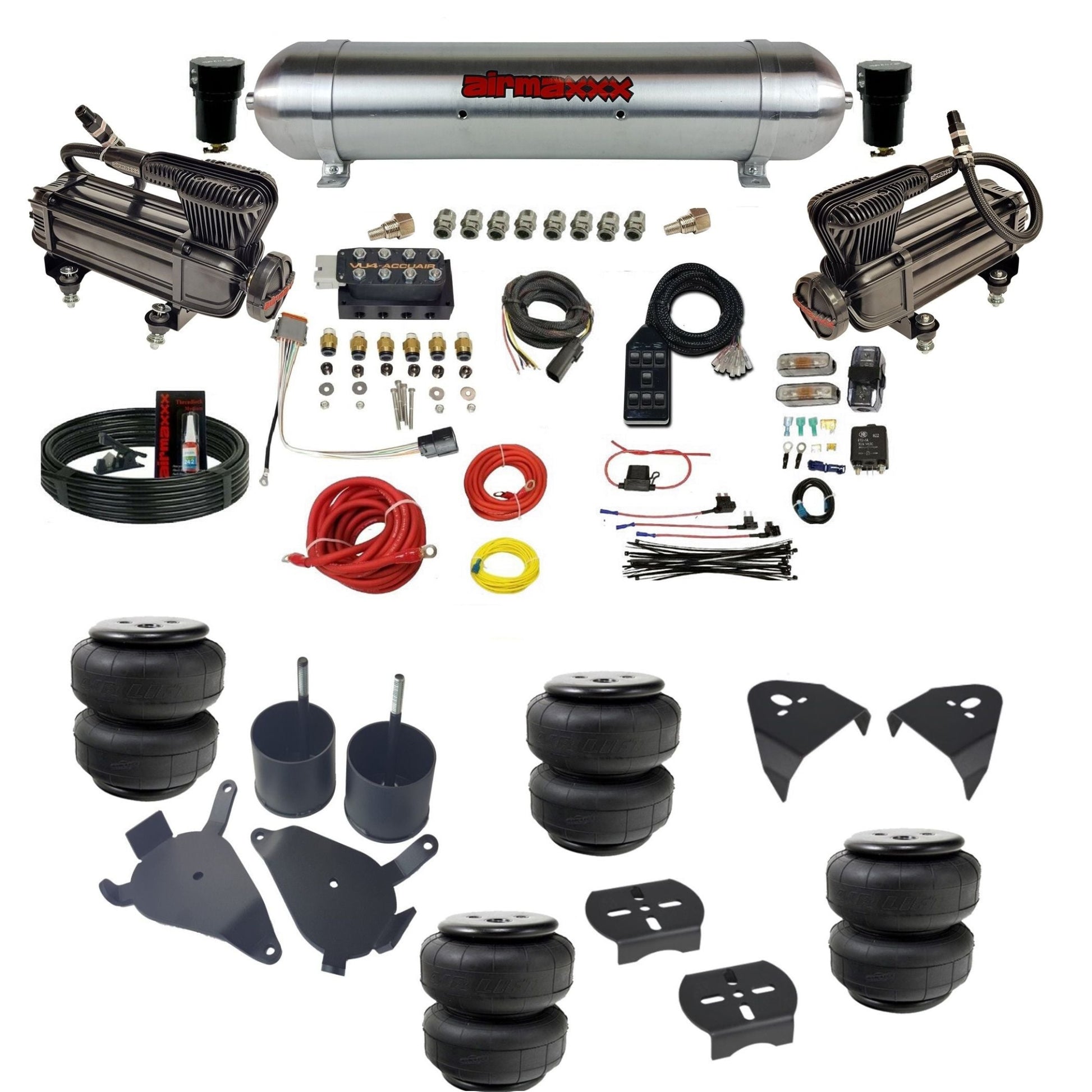 AccuAir VU4 3/8 dual x-series compressors aluminum tank & airlift bags air ride kit for S10 KS10-XB2-57ARW-VU4-7BK-WK-HFD25