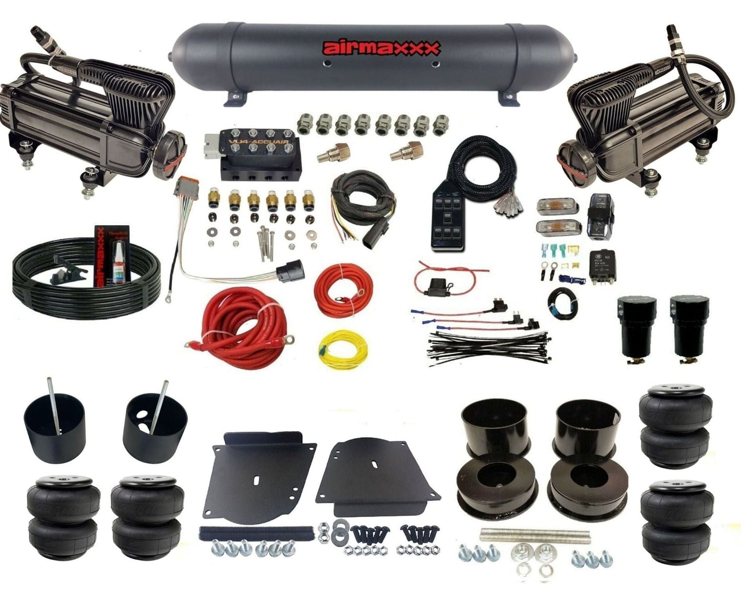 AccuAir VU4 3/8 dual x-series compressors aluminum tank airlift bags air suspension kit for 1964–1972 GM A-Body KABDY-XB2-57ABK-VU4-7BK-WK-HFD25