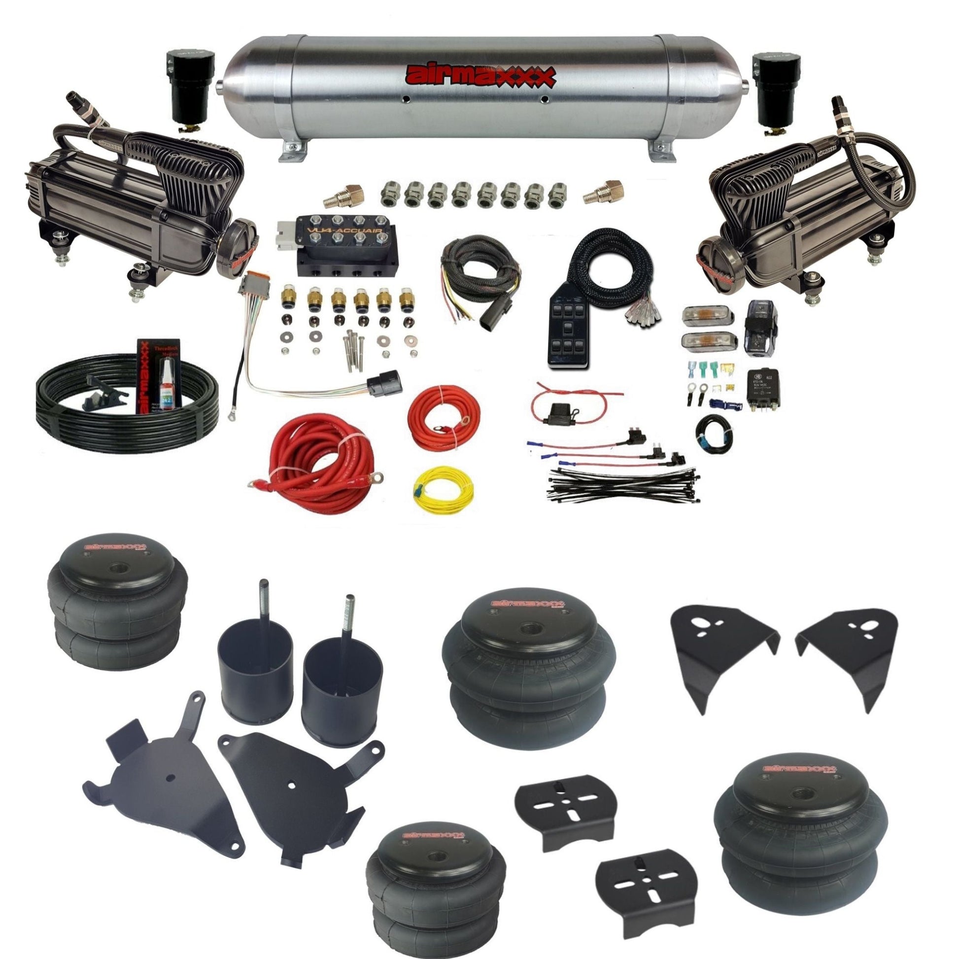 AccuAir VU4 3/8 dual x-series compressors aluminum tank & bags air ride kit for S10 KS10-XB2-57ARW-VU4-7BK-WK-HF