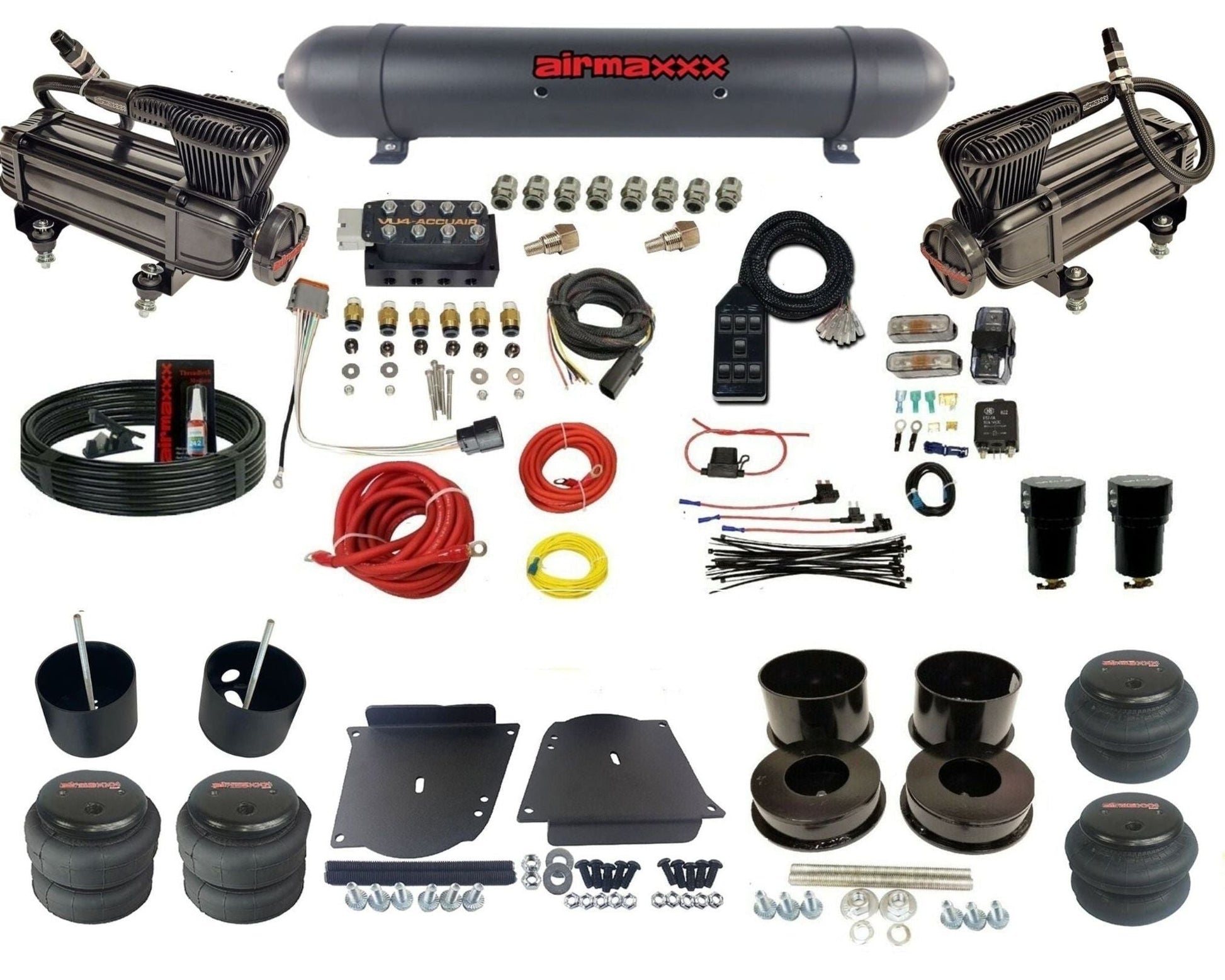 AccuAir VU4 3/8 dual x-series compressors aluminum tank bags air suspension kit for 1964–1972 GM A-Body KABDY-XB2-57ABK-VU4-7BK-WK-HF