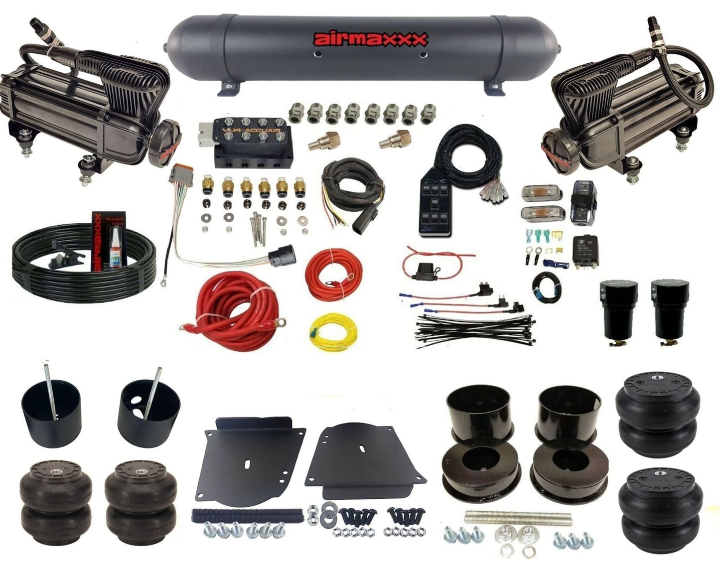 AccuAir VU4 3/8 dual x-series compressors aluminum tank slam bags air suspension kit for 1964–1972 GM A-Body KABDY-XB2-57ABK-VU4-7BK-WK-HFSS6SS7