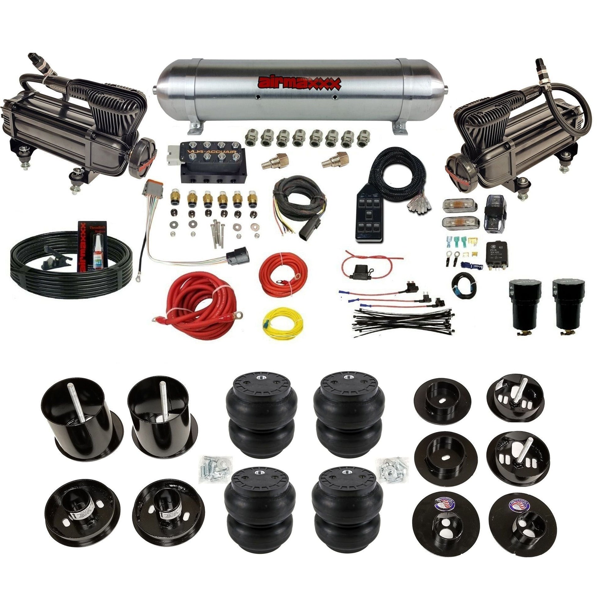 AccuAir VU4 3/8 dual x-series compressors aluminum tank slam bags air suspension kit for 1965–70 Cadillac KCAD65-XB2-57ARW-VU4-7BK-WK-HFSS7