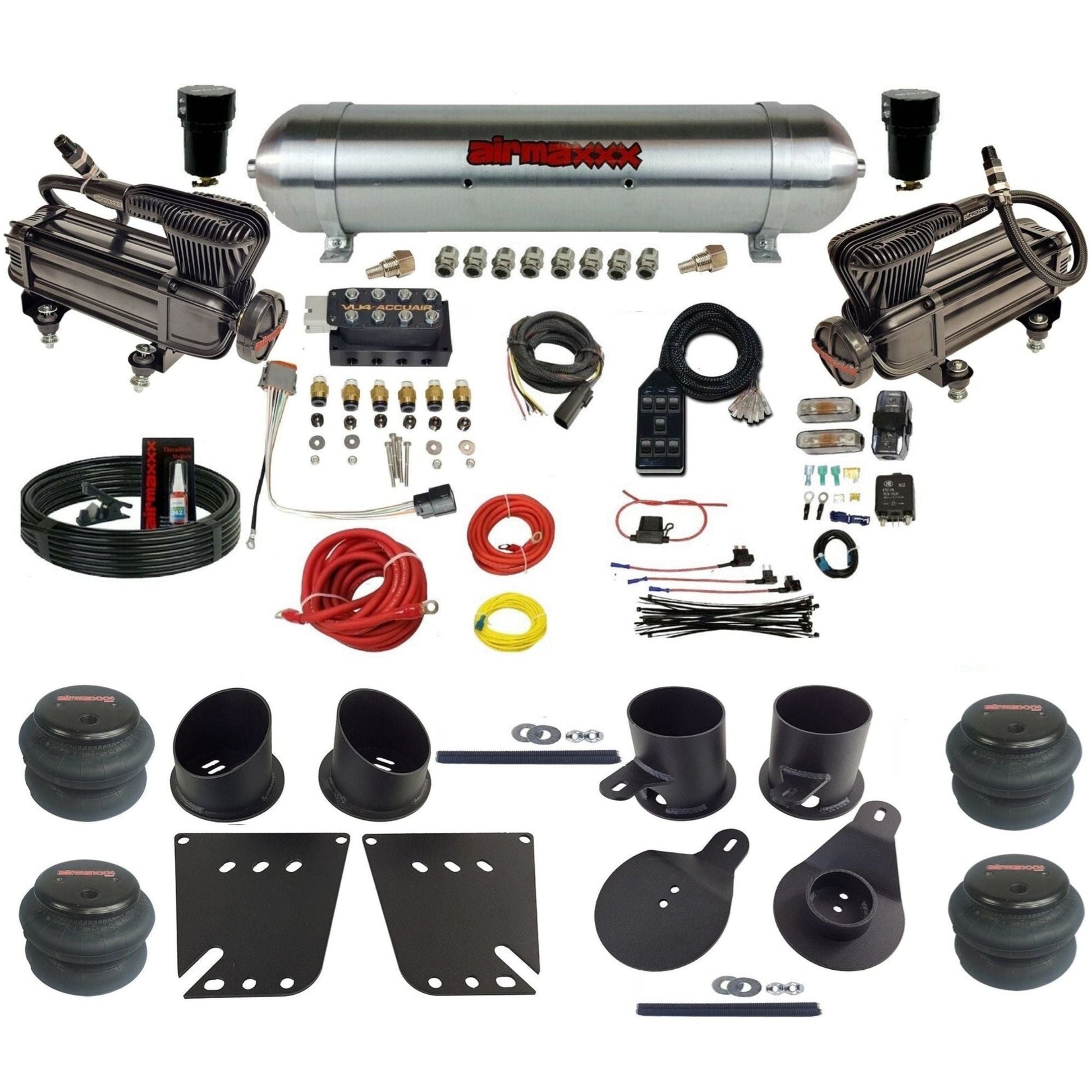 AccuAir VU4 3/8 dual x-series compressors raw aluminum tank 2600 bags air ride kit for 1958–1964 Impala KIMP58-XB2-57ARAW-VU4-7BK-WK-HF