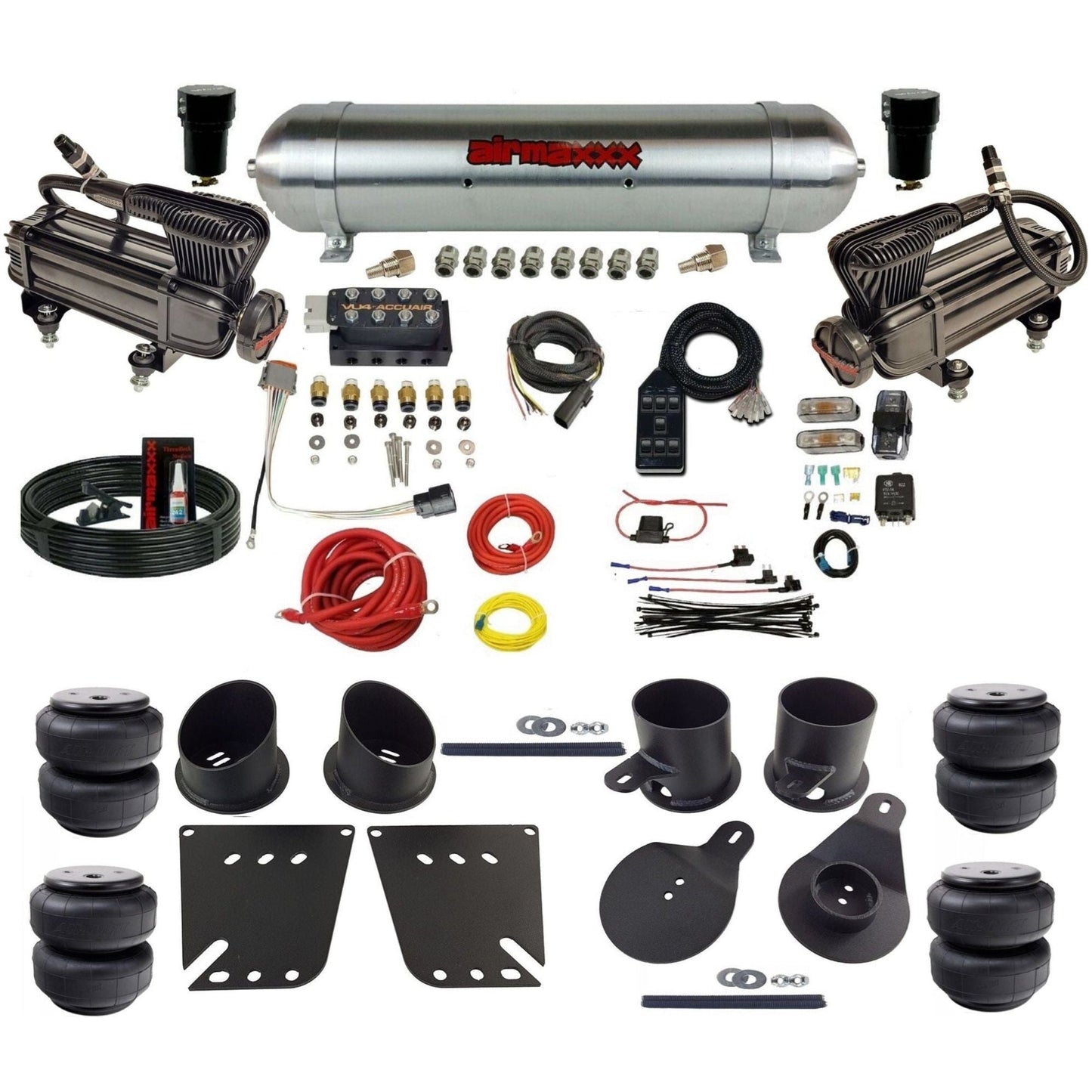 AccuAir VU4 3/8 dual x-series compressors raw aluminum tank airlift bags air ride kit for 1958–1964 Impala KIMP58-XB2-57ARAW-VU4-7BK-WK-HFD25