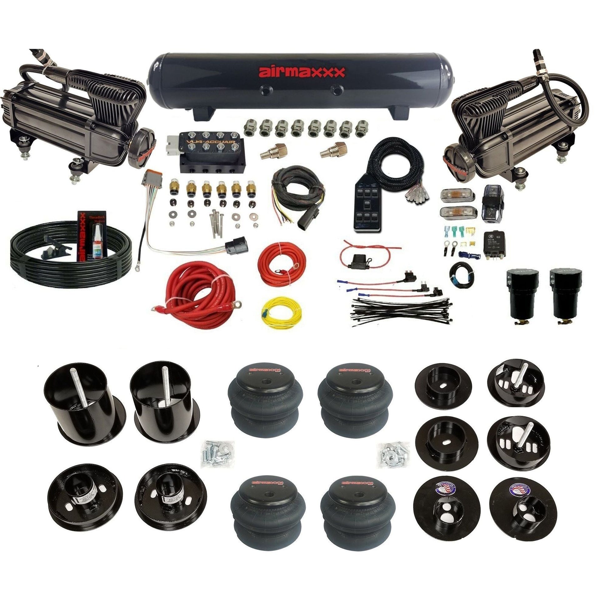 AccuAir VU4 3/8 dual x-series compressors steel tank 2600 bags air suspension kit for 1965–70 Cadillac CAD65-XB2-57S-VU4-7BK-WK-HF
