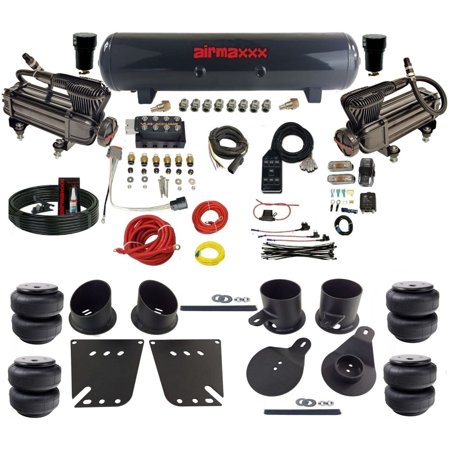 AccuAir VU4 3/8 dual x-series compressors steel tank airlift bags air ride kit for 1958–1964 Impala KIMP58-XB2-57S-VU4-7BK-WK-HFD25