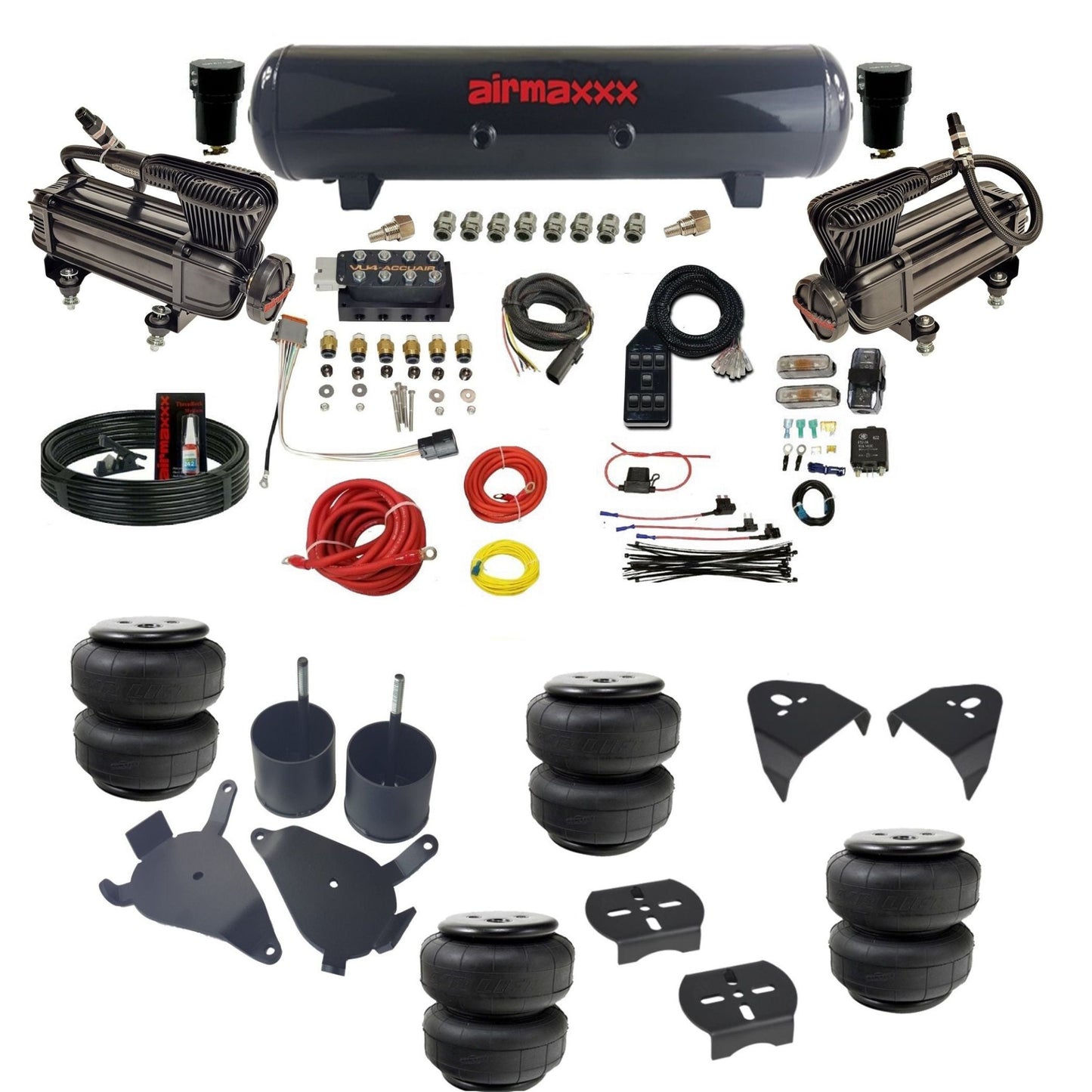 AccuAir VU4 3/8 dual x-series compressors steel tank & airlift bags air ride kit for S10 S10-XB2-57S-VU4-7BK-WK-HFD25