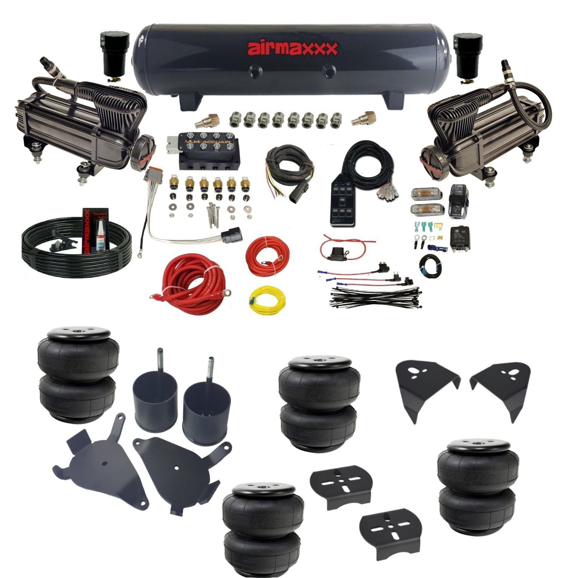 AccuAir VU4 3/8 dual x-series compressors steel tank & airlift bags air ride kit for S10 S10-XB2-57S-VU4-7BK-WK-HFD25