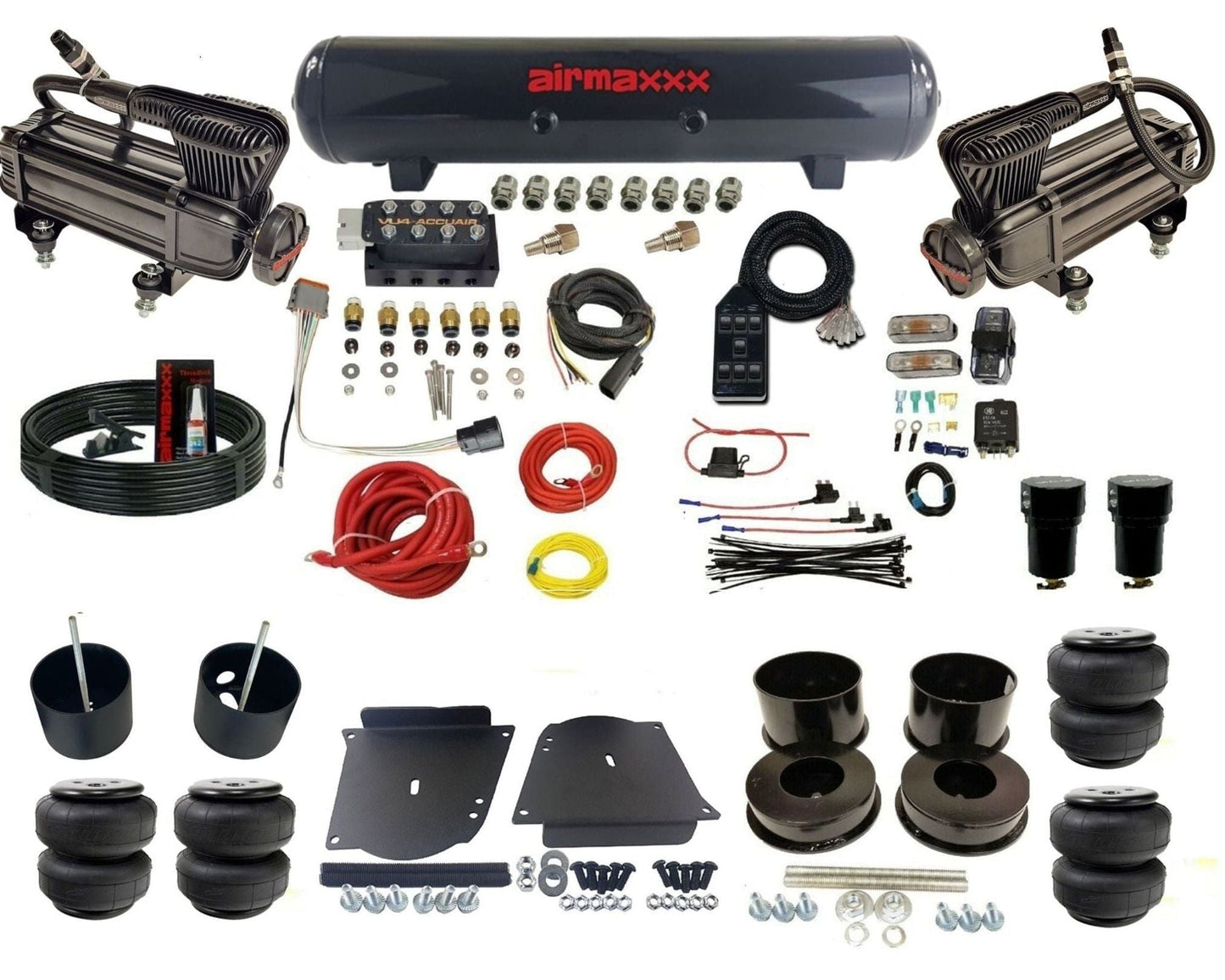 AccuAir VU4 3/8 dual x-series compressors steel tank airlift bags air suspension kit for 1964–1972 GM A-Body KABDY-XB2-57S-VU4-7BK-WK-HFD25