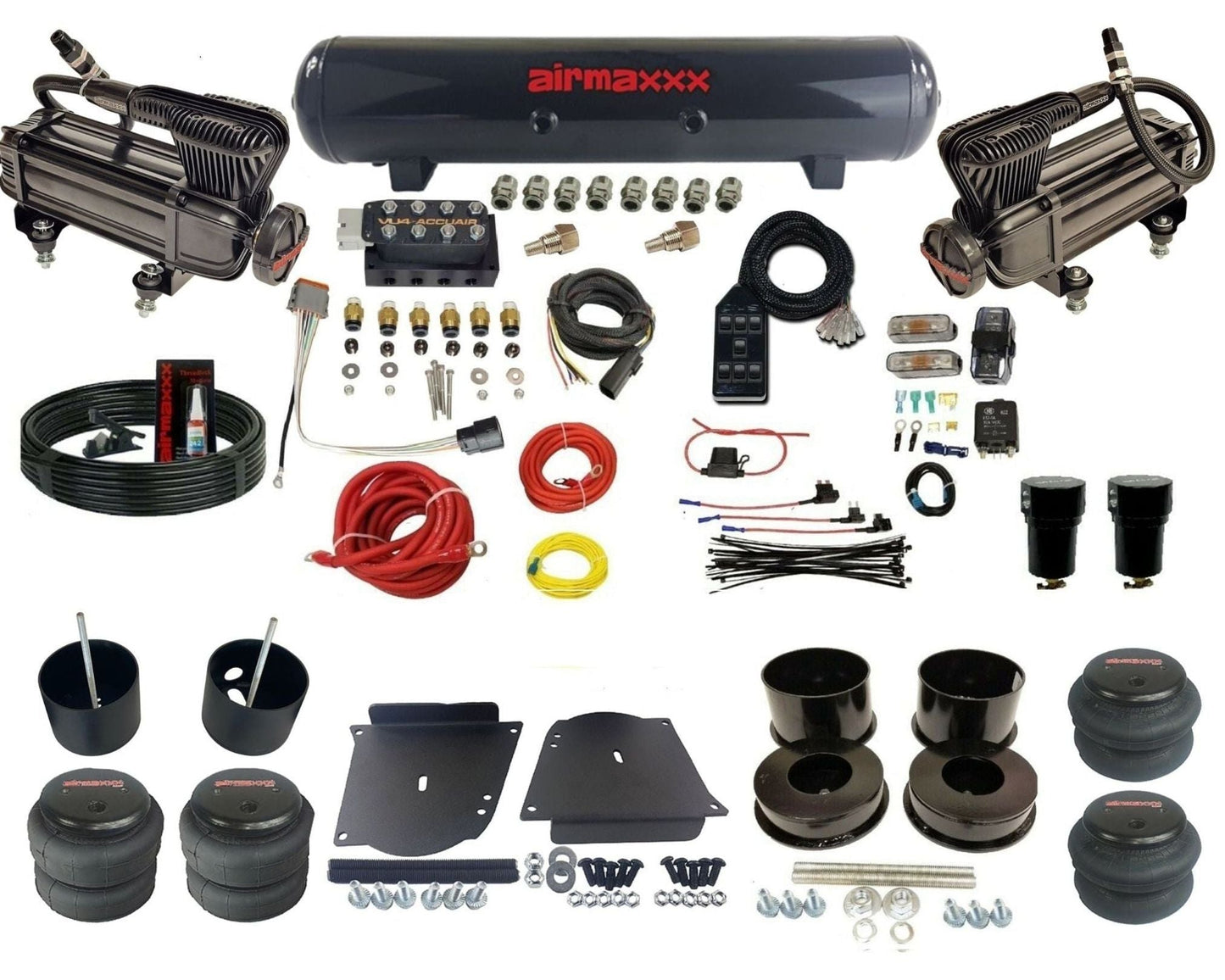 AccuAir VU4 3/8 dual x-series compressors steel tank bags air suspension kit for 1964–1972 GM A-Body KABDY-XB2-57S-VU4-7BK-WK-HF