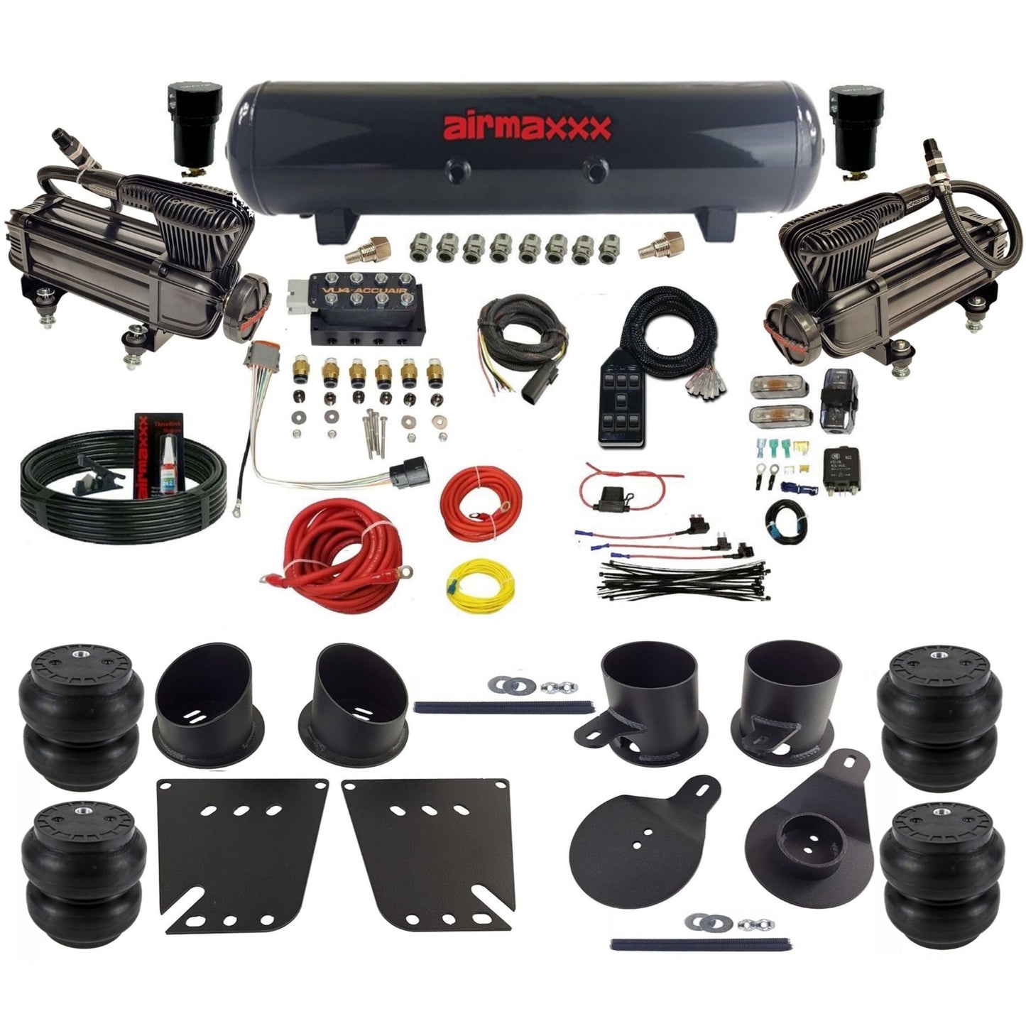 AccuAir VU4 3/8 dual x-series compressors steel tank slam bags air ride kit for 1958–1964 Impala KIMP58-XB2-57S-VU4-7BK-WK-HFSS7