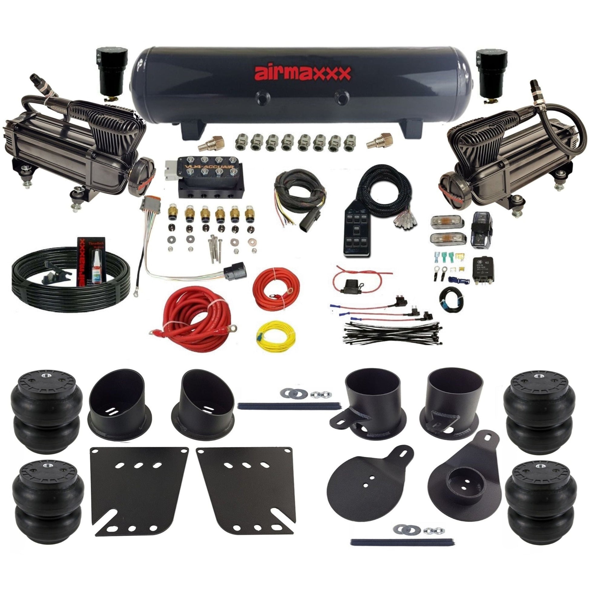 AccuAir VU4 3/8 dual x-series compressors steel tank slam bags air ride kit for 1958–1964 Impala KIMP58-XB2-57S-VU4-7BK-WK-HFSS7