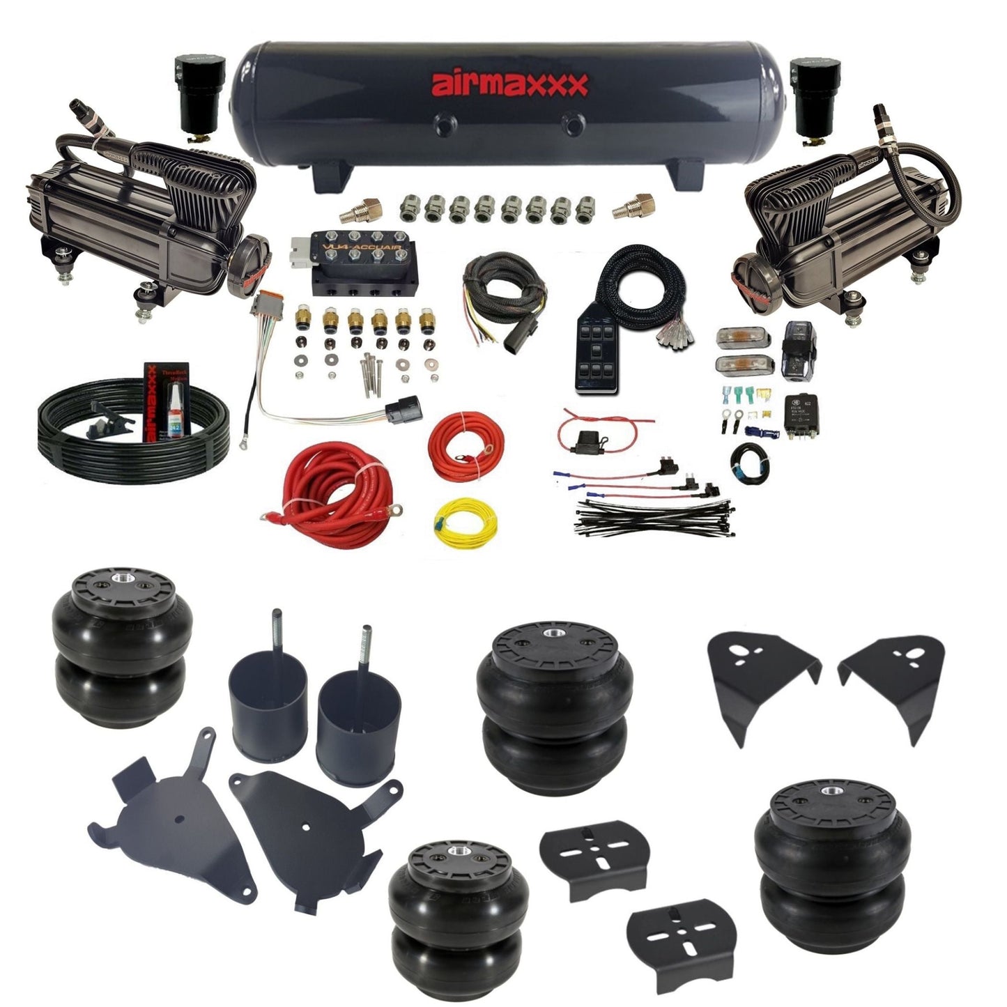 AccuAir VU4 3/8 dual x-series compressors steel tank & slam bags air ride kit for S10 S10-XB2-57S-VU4-7BK-WK-HFSS6SS7