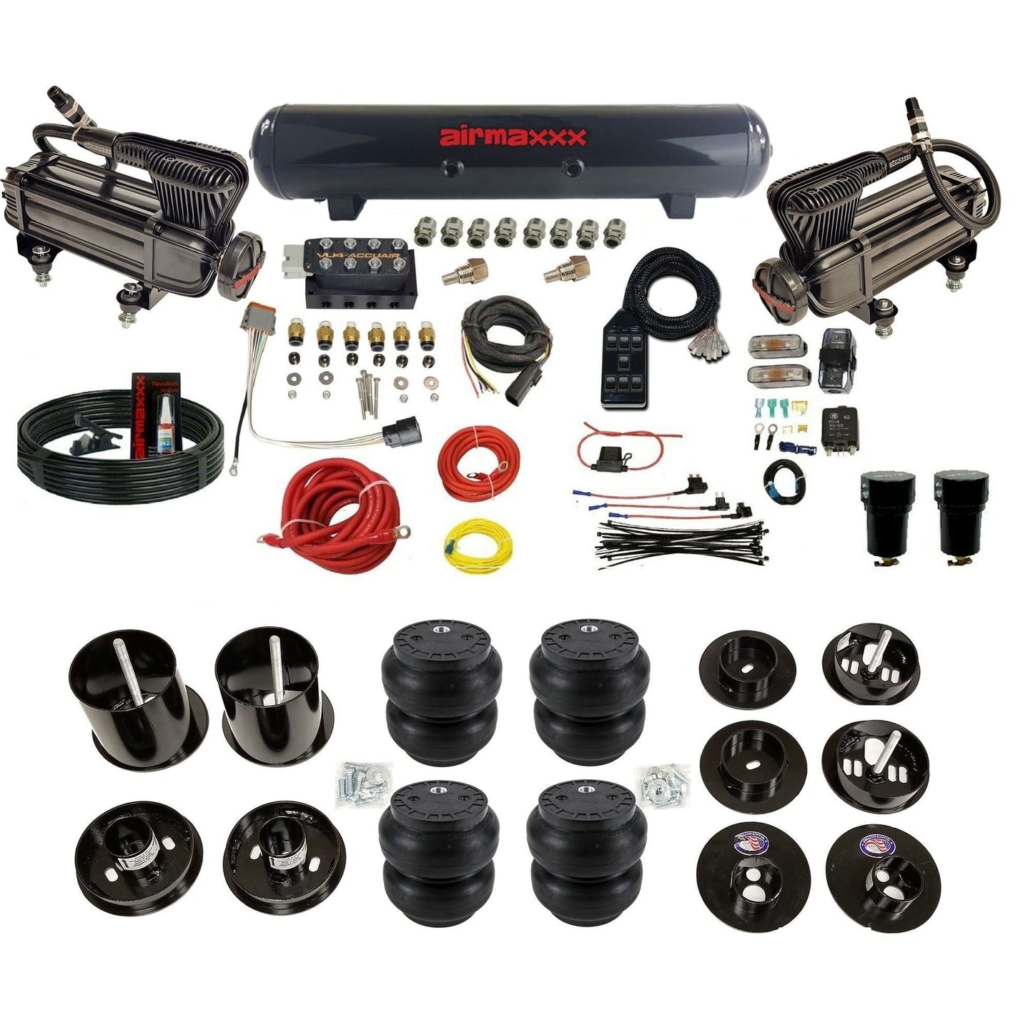 AccuAir VU4 3/8 dual x-series compressors steel tank slam bags air suspension kit for 1965–70 Cadillac CAD65-XB2-57S-VU4-7BK-WK-HFSS7