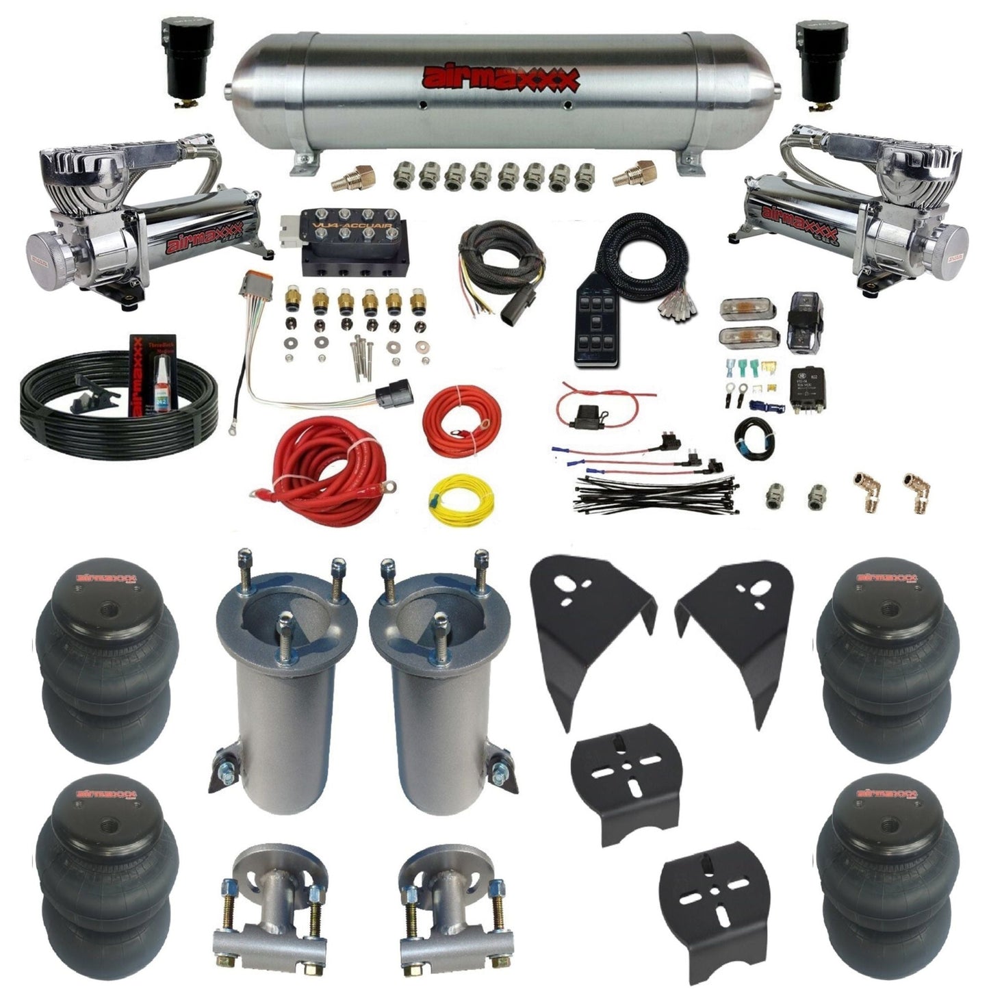 AccuAir VU4 air suspension kit with chrome 580 compressors raw aluminum tank 2600 bags for 2007–18 Silverado/Sierra 1500 KGM07-580C2-57ARW-VU4-7BK-WK-HF