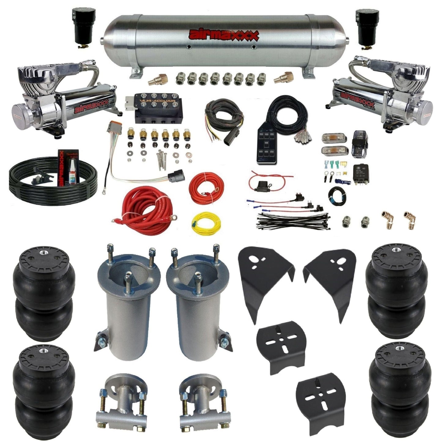 AccuAir VU4 air suspension kit with chrome 580 compressors raw aluminum tank ss7 bags for 2007–18 Silverado/Sierra 1500 KGM07-580C2-57ARW-VU4-7BK-WK-HFSS7