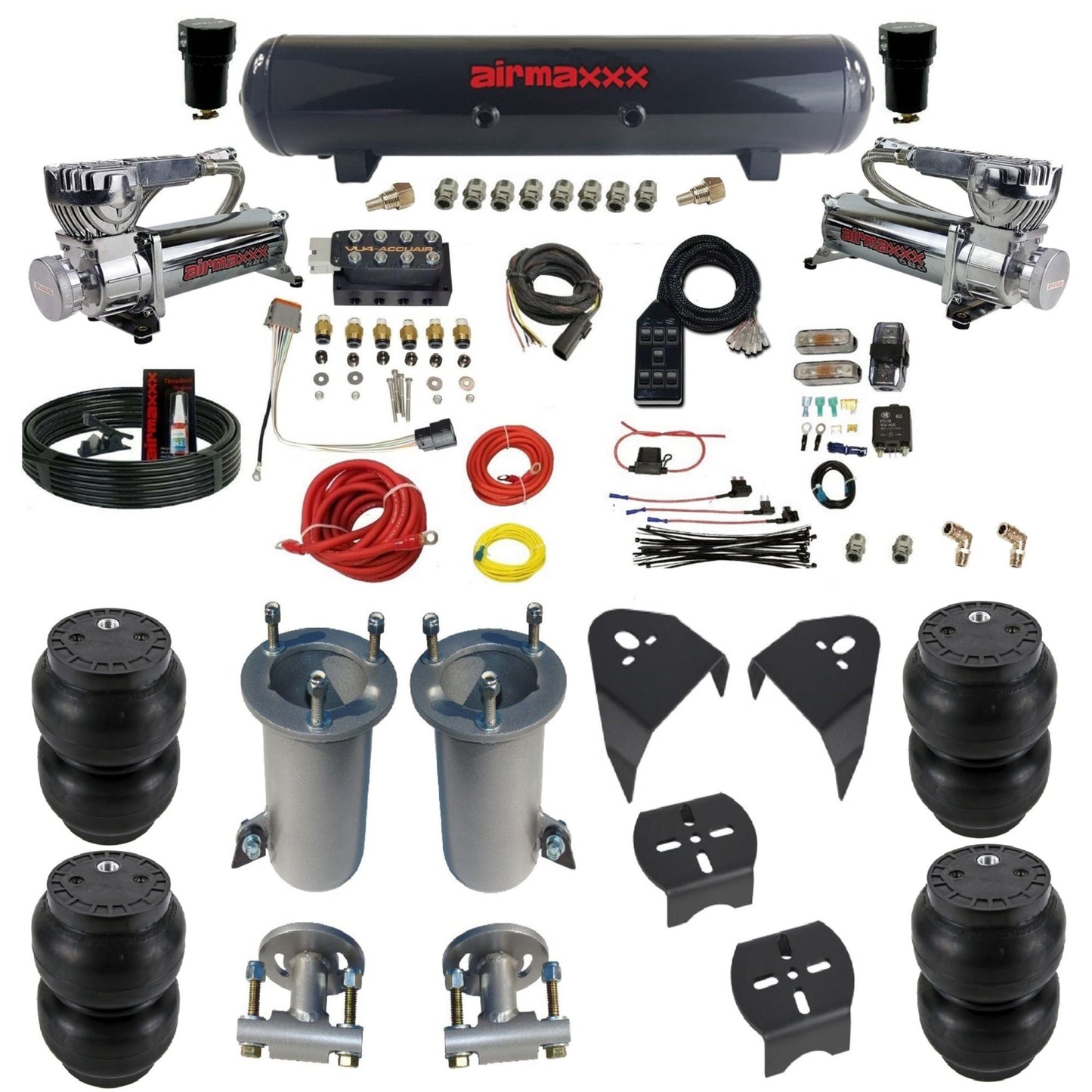 AccuAir VU4 air suspension kit with chrome 580 compressors steel tank ss7 bags for 2007–18 Silverado/Sierra 1500 KGM07-580C2-57S-VU4-7BK-WK-HFSS7