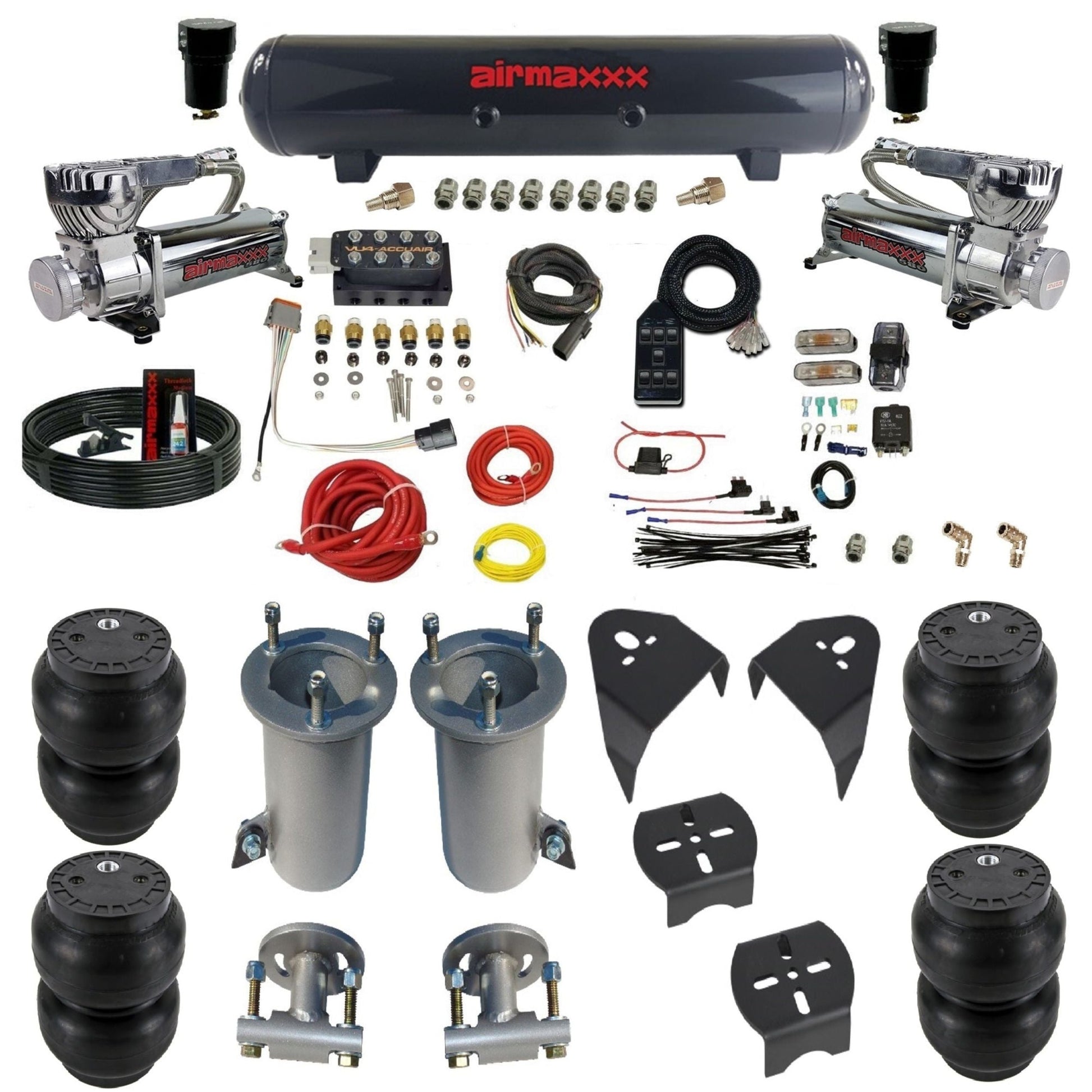 AccuAir VU4 air suspension kit with chrome 580 compressors steel tank ss7 bags for 2007–18 Silverado/Sierra 1500 KGM07-580C2-57S-VU4-7BK-WK-HFSS7
